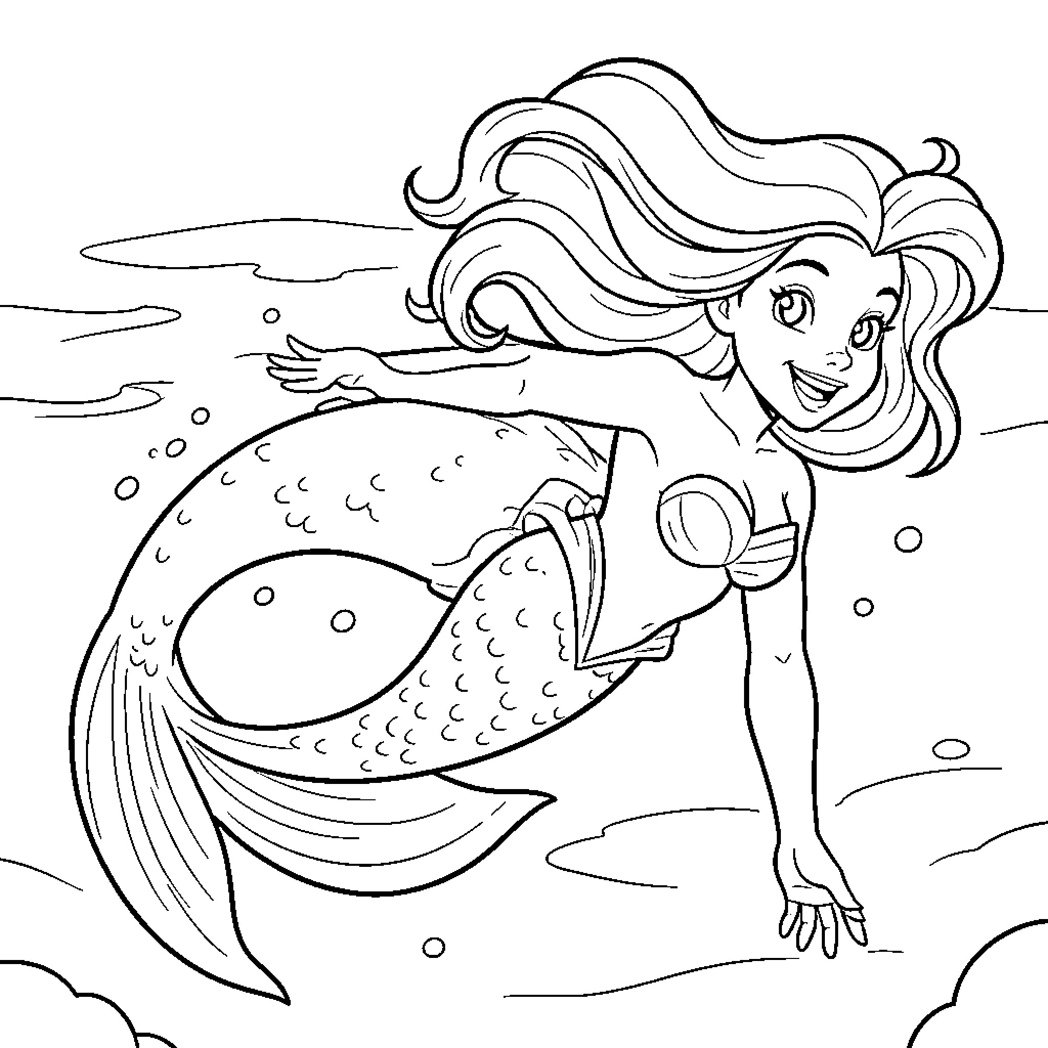 Mermaid swimming joyfully through the ocean waves Coloring Page (free black-and-white line drawing printable PDF for all, from beginners to advanced learners, including children, teens, adults, and seniors)