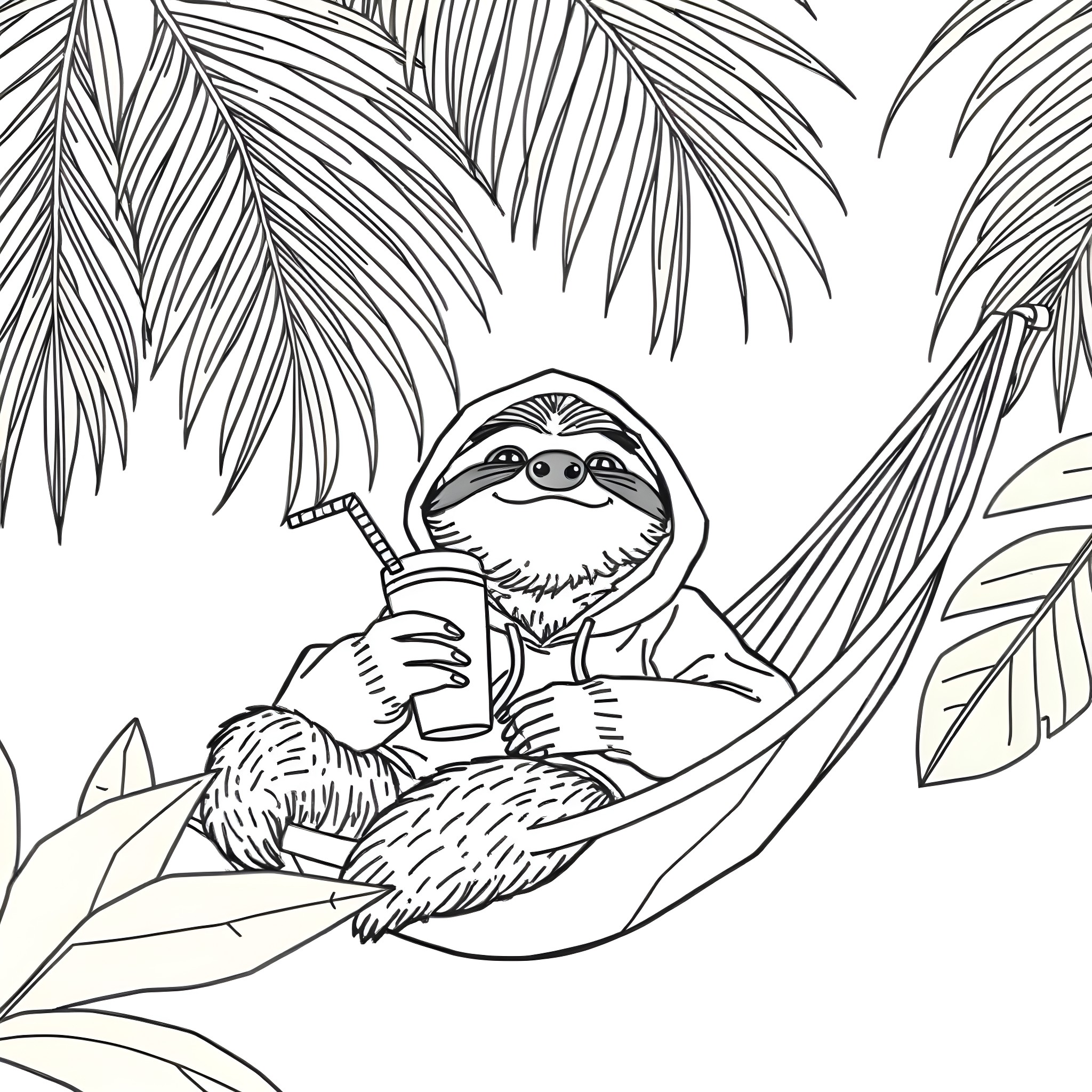 Sloth enjoying a refreshing drink in the tropical foliage Coloring Page (free black-and-white line drawing printable PDF for all, from beginners to advanced learners, including children, teens, adults, and seniors)