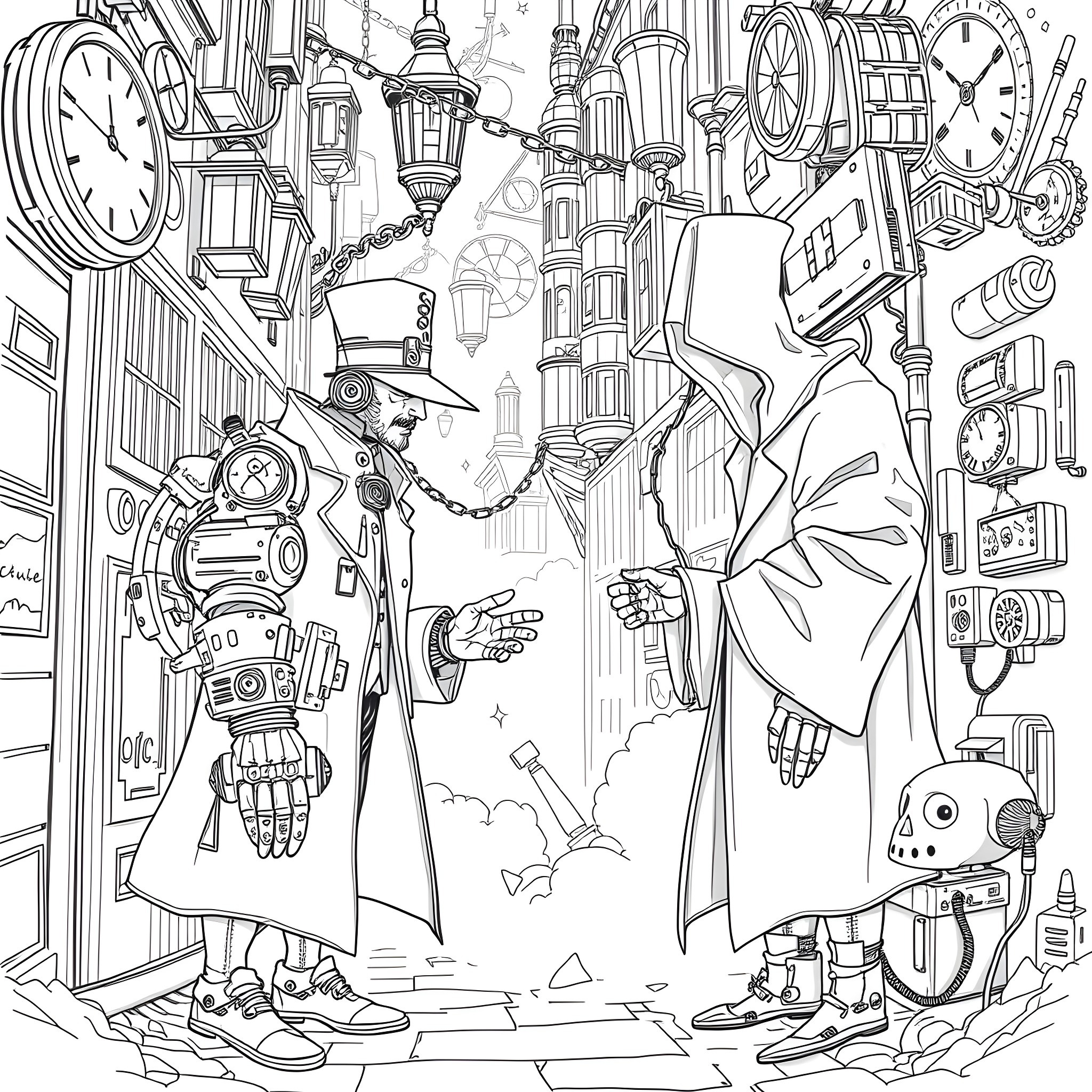 Doctor Examining Futuristic Gadgets and Medical Devices in Surreal Setting Coloring Page (free black-and-white line drawing printable PDF for all, from beginners to advanced learners, including children, teens, adults, and seniors)
