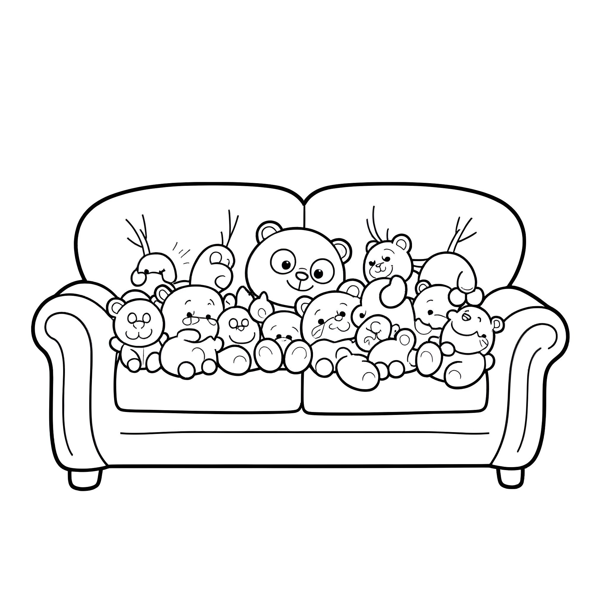 Sofa filled with cute plush toys Coloring Page (free black-and-white line drawing printable PDF for all, from beginners to advanced learners, including children, teens, adults, and seniors)