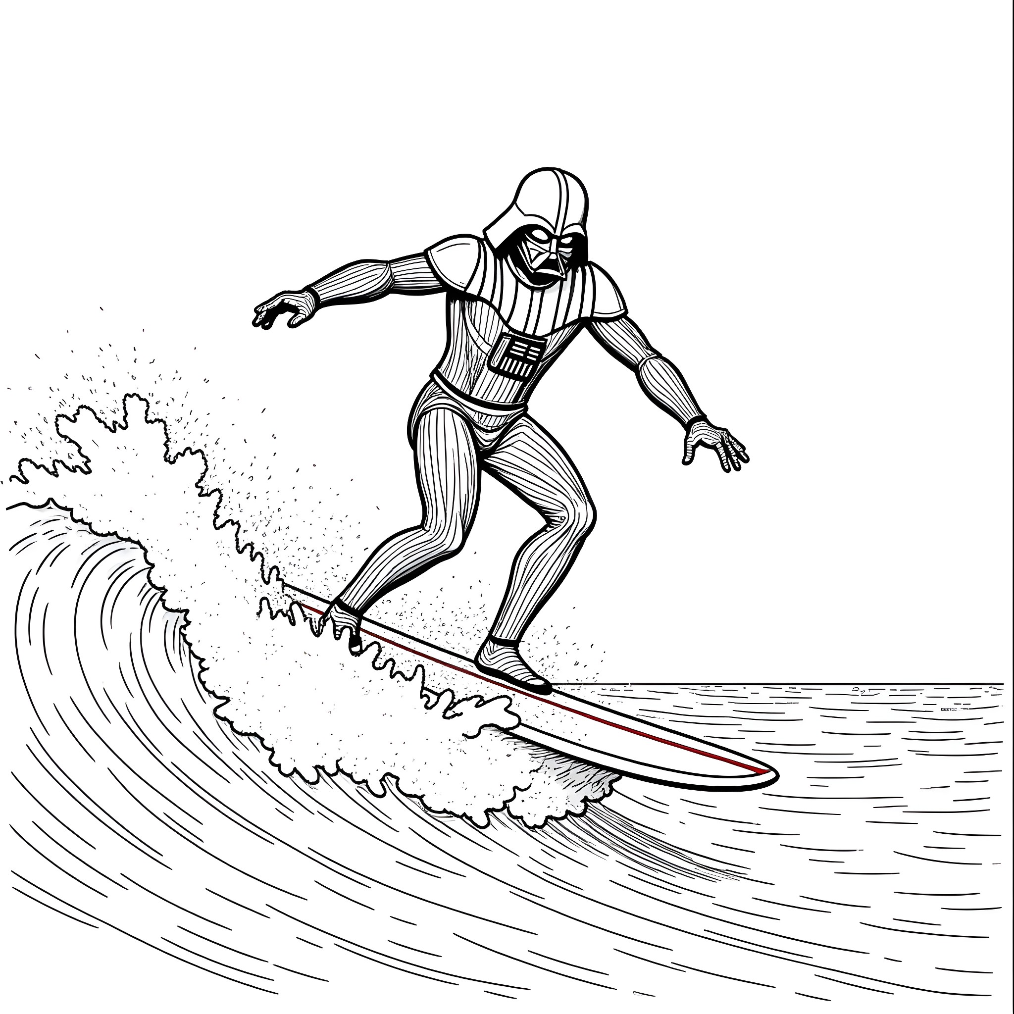 Darth Vader surfing giant waves Coloring Page (free black-and-white line drawing printable PDF for all, from beginners to advanced learners, including children, teens, adults, and seniors)