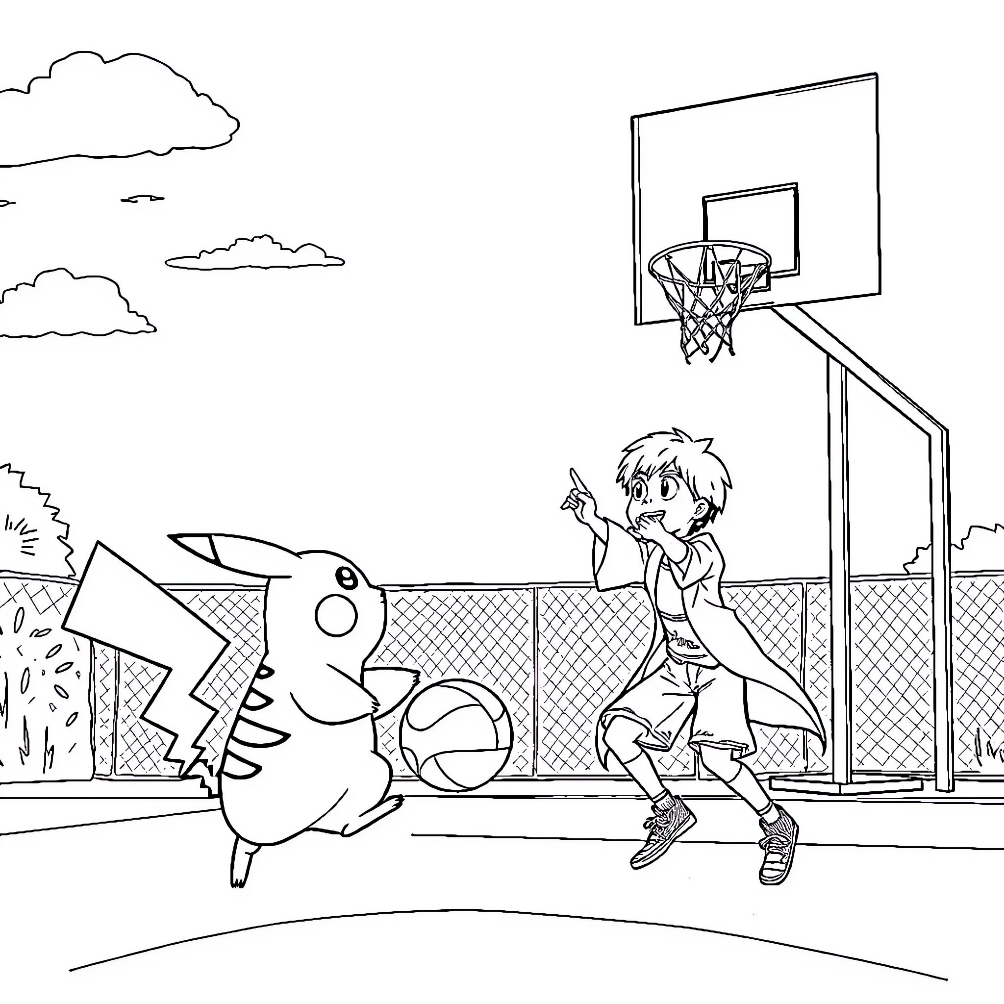 Pikachu and boy playing basketball on outdoor court Coloring Page (free black-and-white line drawing printable PDF for all, from beginners to advanced learners, including children, teens, adults, and seniors)