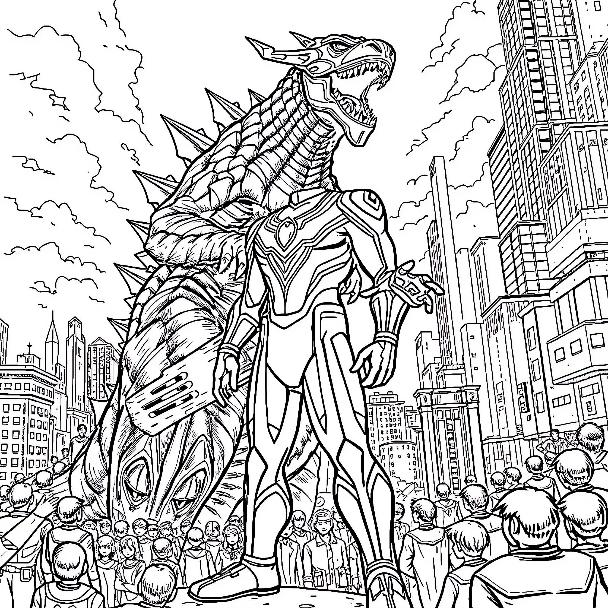 Ultraman battling a giant monstrous creature in the city Coloring Page (free black-and-white line drawing printable PDF for all, from beginners to advanced learners, including children, teens, adults, and seniors)