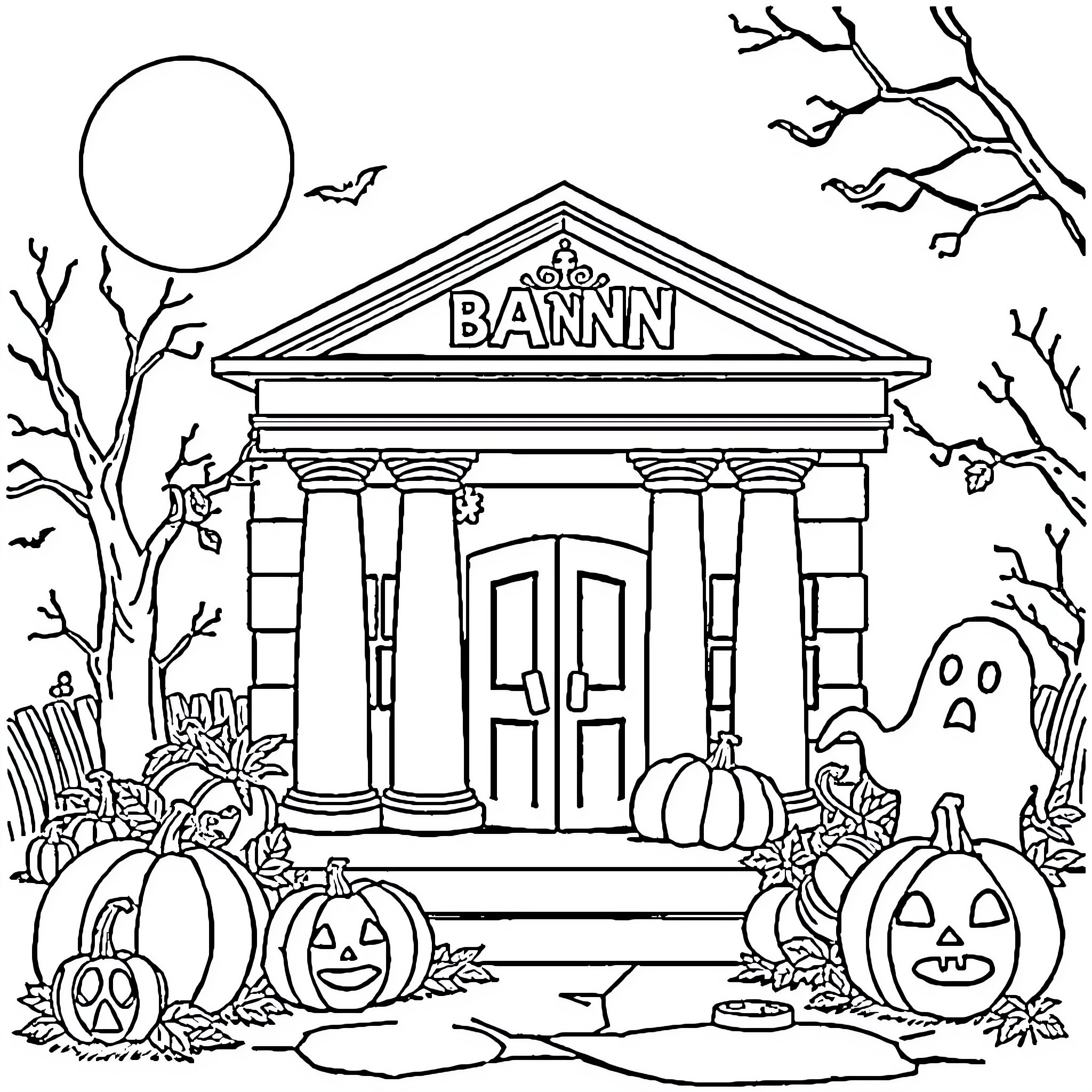 Halloween at the Haunted Bank Building Coloring Page (free black-and-white line drawing printable PDF for all, from beginners to advanced learners, including children, teens, adults, and seniors)