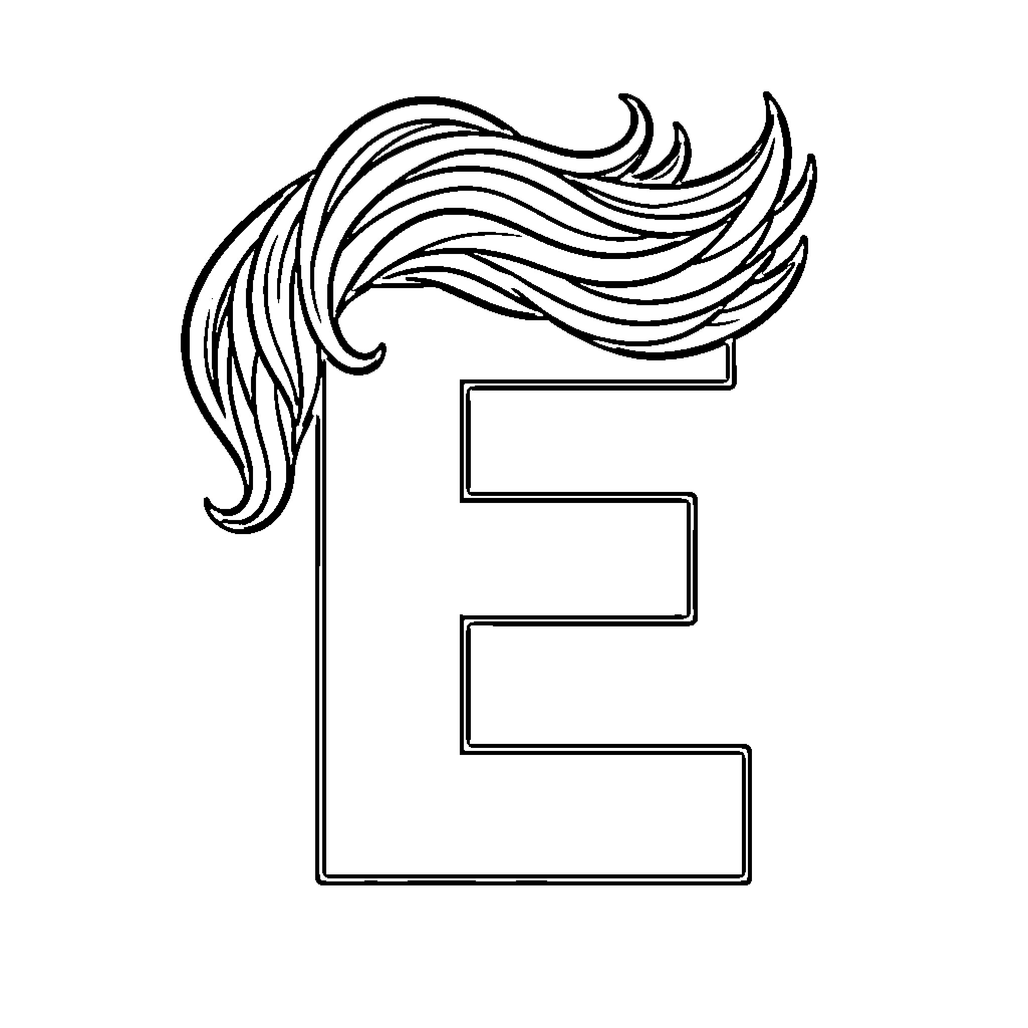 Letter E with flowing feather-like design Coloring Page (free black-and-white line drawing printable PDF for all, from beginners to advanced learners, including children, teens, adults, and seniors)