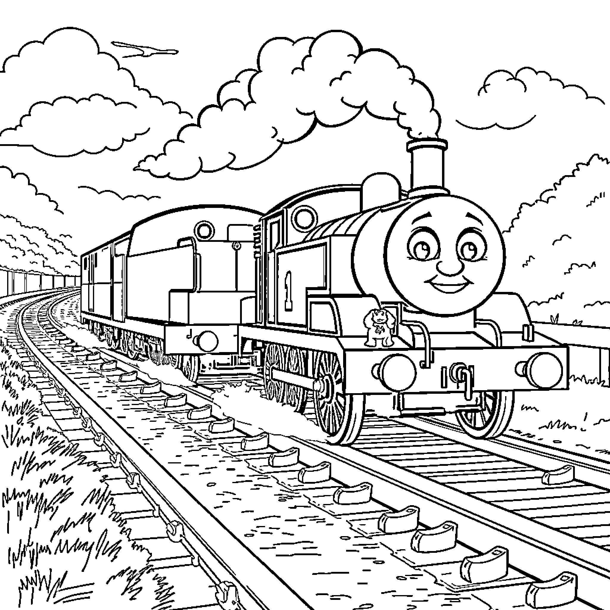 Lightning McQueen's Enchanting Train Adventure Coloring Page (free black-and-white line drawing printable PDF for all, from beginners to advanced learners, including children, teens, adults, and seniors)