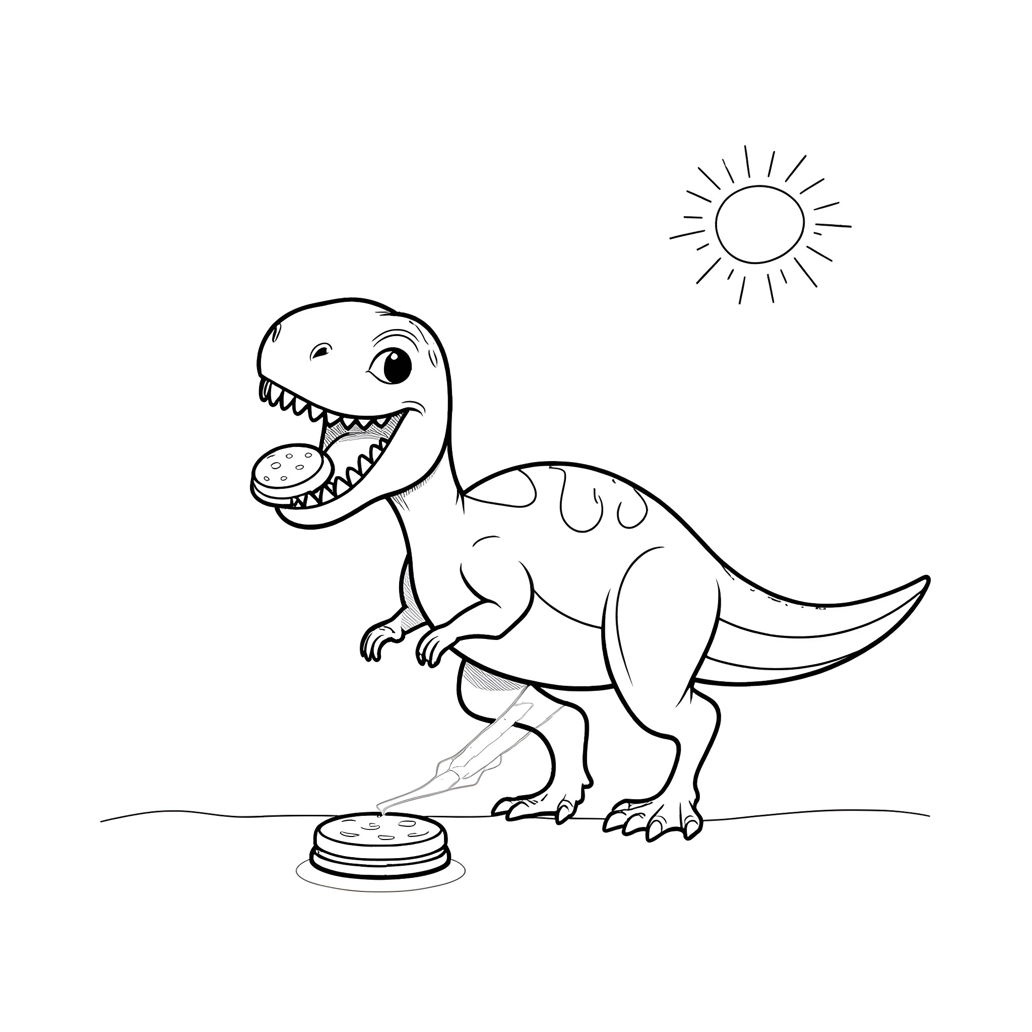 T-Rex happily eating dinosaur treat under the sun Coloring Page (free black-and-white line drawing printable PDF for all, from beginners to advanced learners, including children, teens, adults, and seniors)