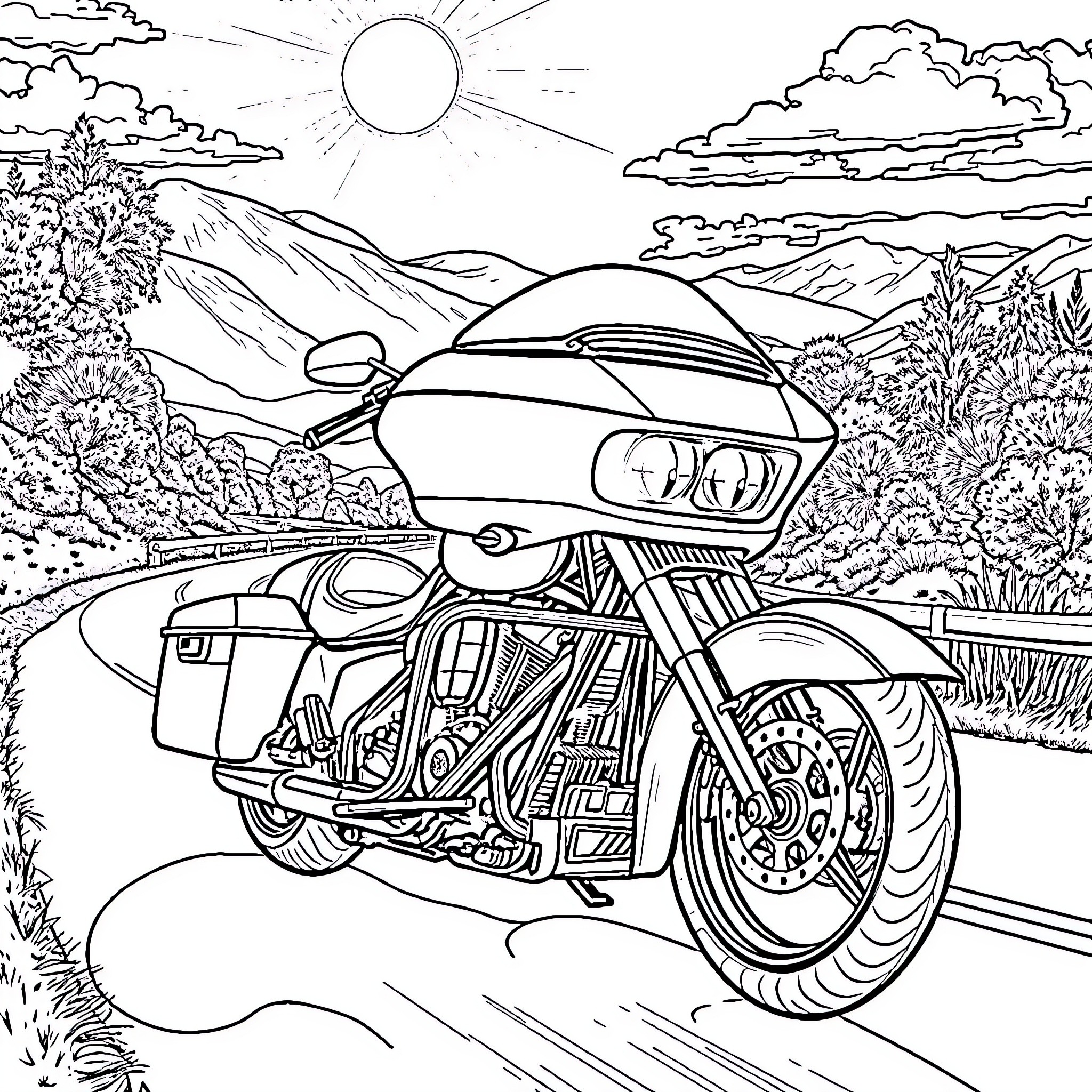 Harley Davidson motorcycle riding through scenic landscape Coloring Page (free black-and-white line drawing printable PDF for all, from beginners to advanced learners, including children, teens, adults, and seniors)
