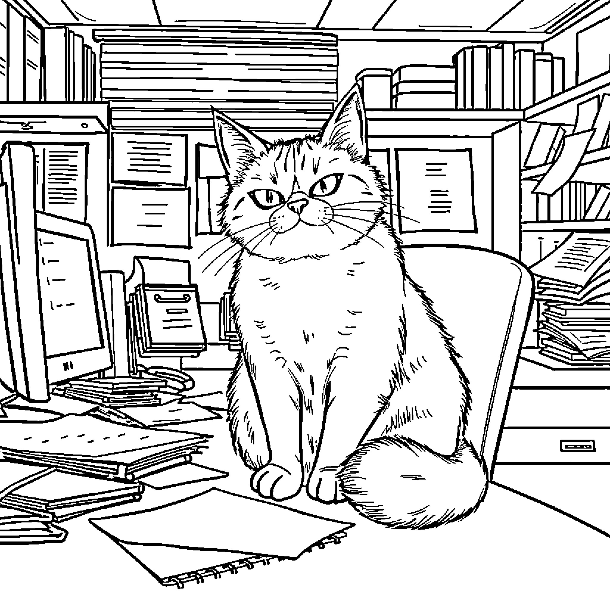 Cat sitting amidst papers and books in an office Coloring Page (free black-and-white line drawing printable PDF for all, from beginners to advanced learners, including children, teens, adults, and seniors)