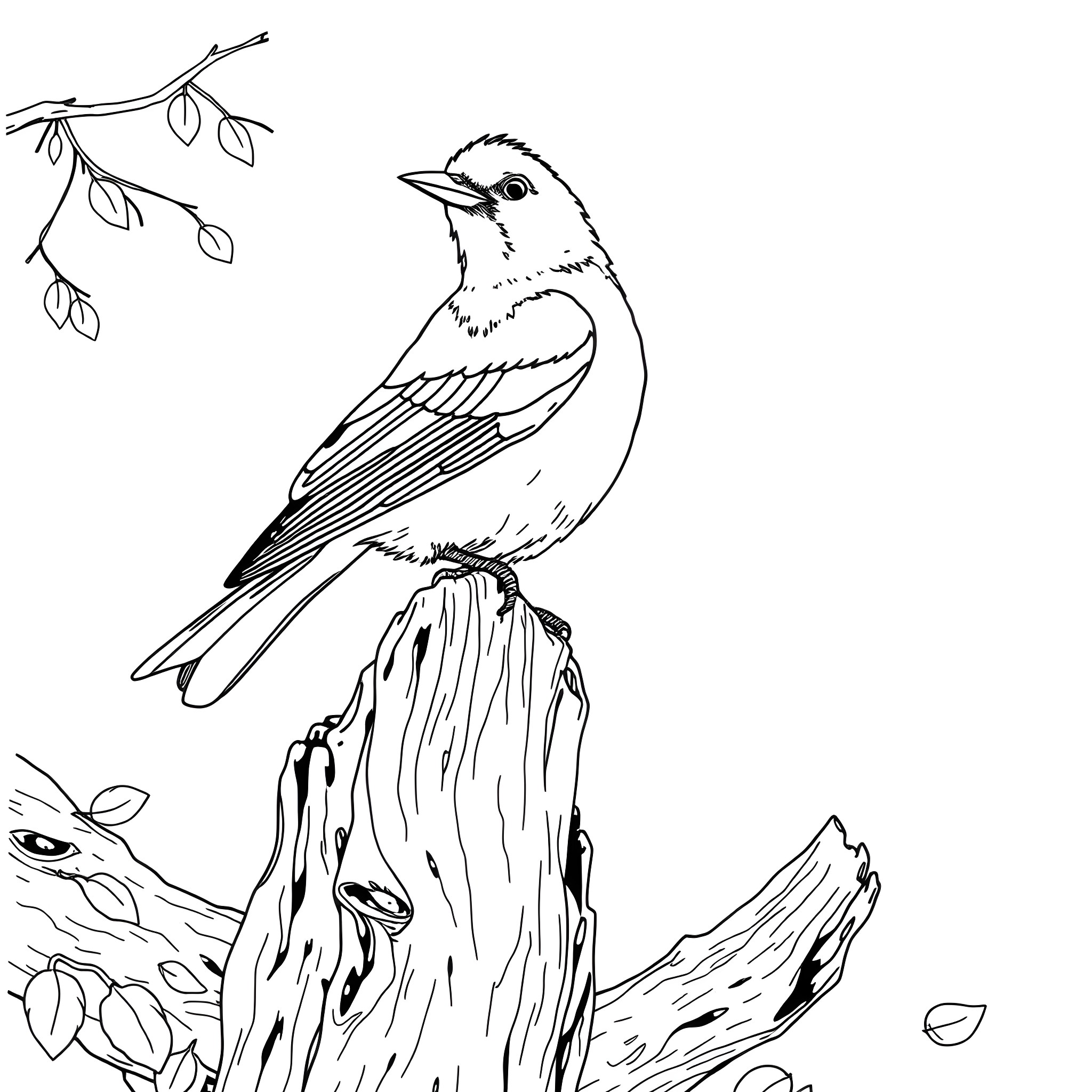 Tanager perched on a tree branch Coloring Page (free black-and-white line drawing printable PDF for all, from beginners to advanced learners, including children, teens, adults, and seniors)