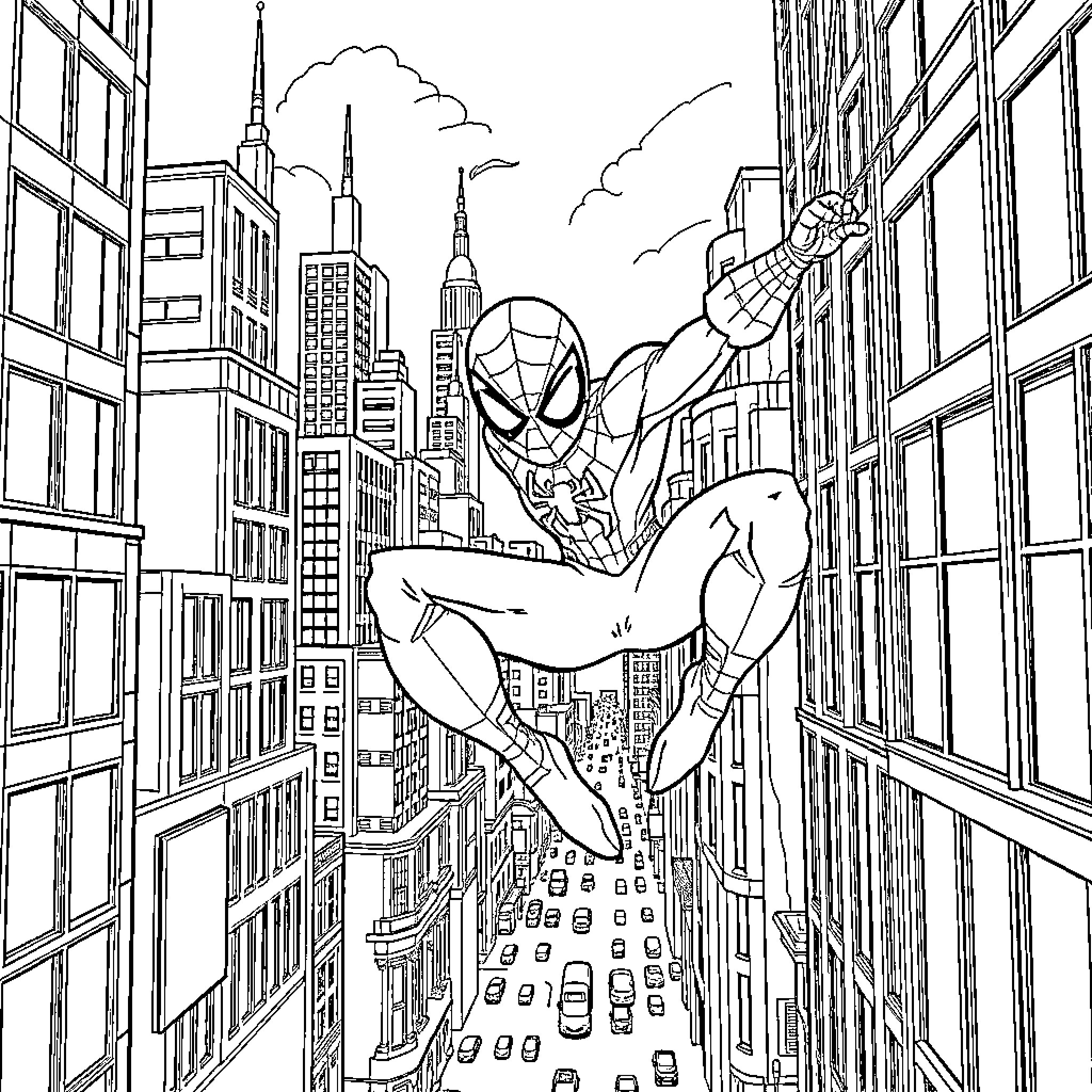 Spider-Man swinging through the city skyline Coloring Page (free black-and-white line drawing printable PDF for all, from beginners to advanced learners, including children, teens, adults, and seniors)