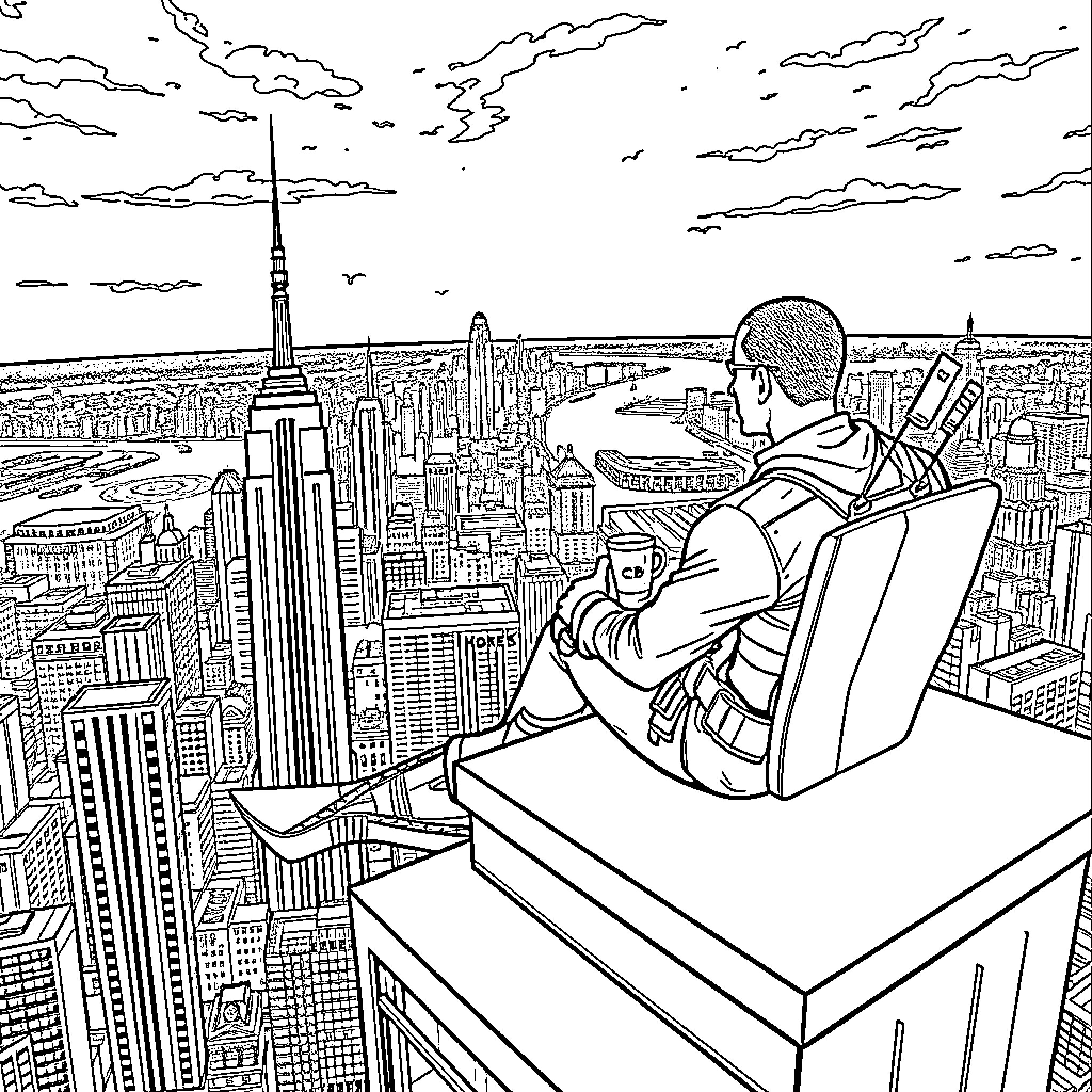 Deadpool enjoying the view of the cityscape from a high-rise building Coloring Page (free black-and-white line drawing printable PDF for all, from beginners to advanced learners, including children, teens, adults, and seniors)