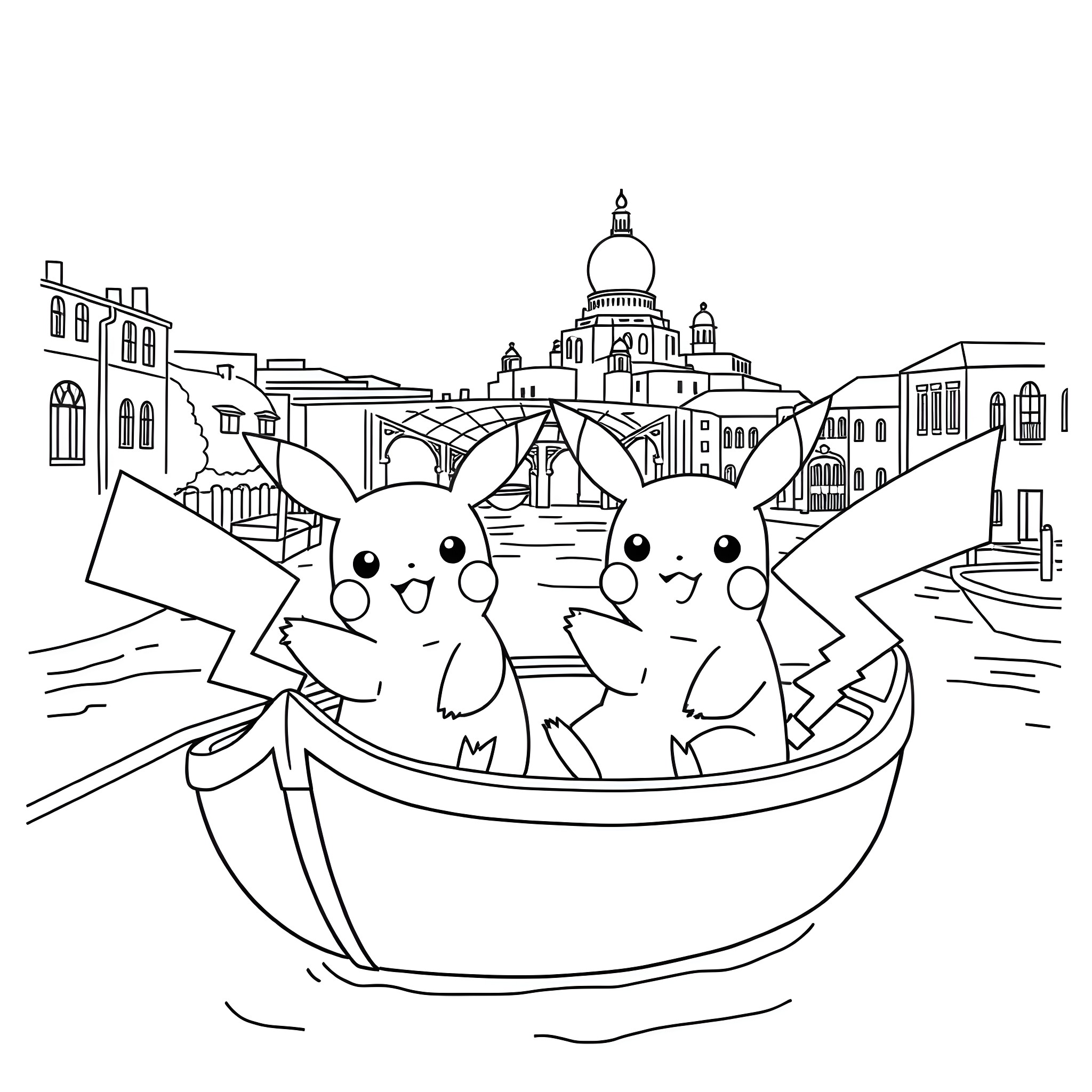 Pikachu enjoying a boat ride in a scenic city Coloring Page (free black-and-white line drawing printable PDF for all, from beginners to advanced learners, including children, teens, adults, and seniors)