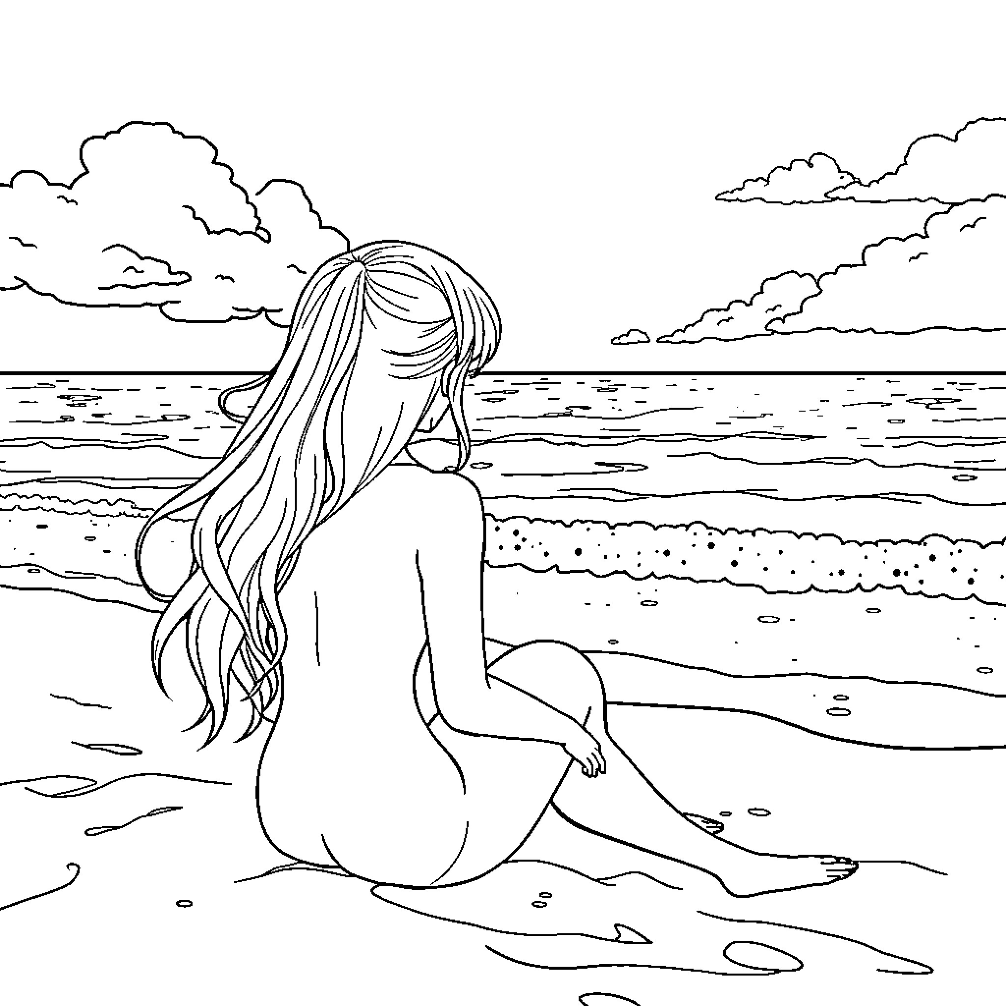 Anime Waifu admiring the serene beach view Coloring Page (free black-and-white line drawing printable PDF for all, from beginners to advanced learners, including children, teens, adults, and seniors)