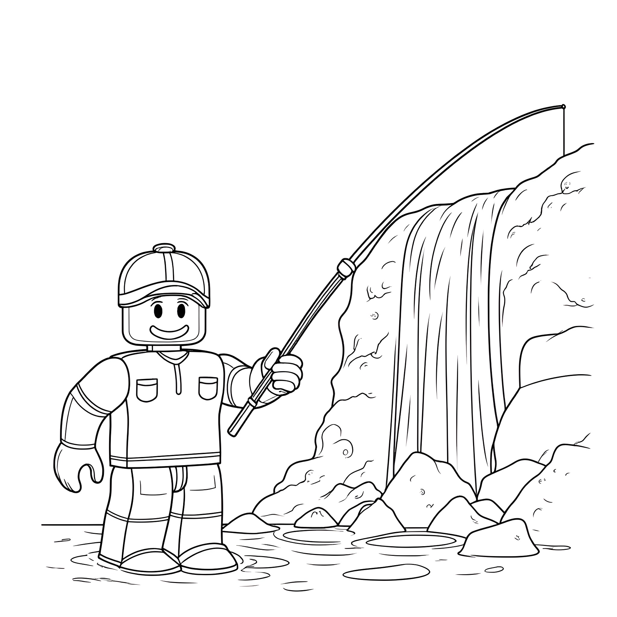 Roblox Character Exploring Waterfall Landscape Coloring Page (free black-and-white line drawing printable PDF for all, from beginners to advanced learners, including children, teens, adults, and seniors)