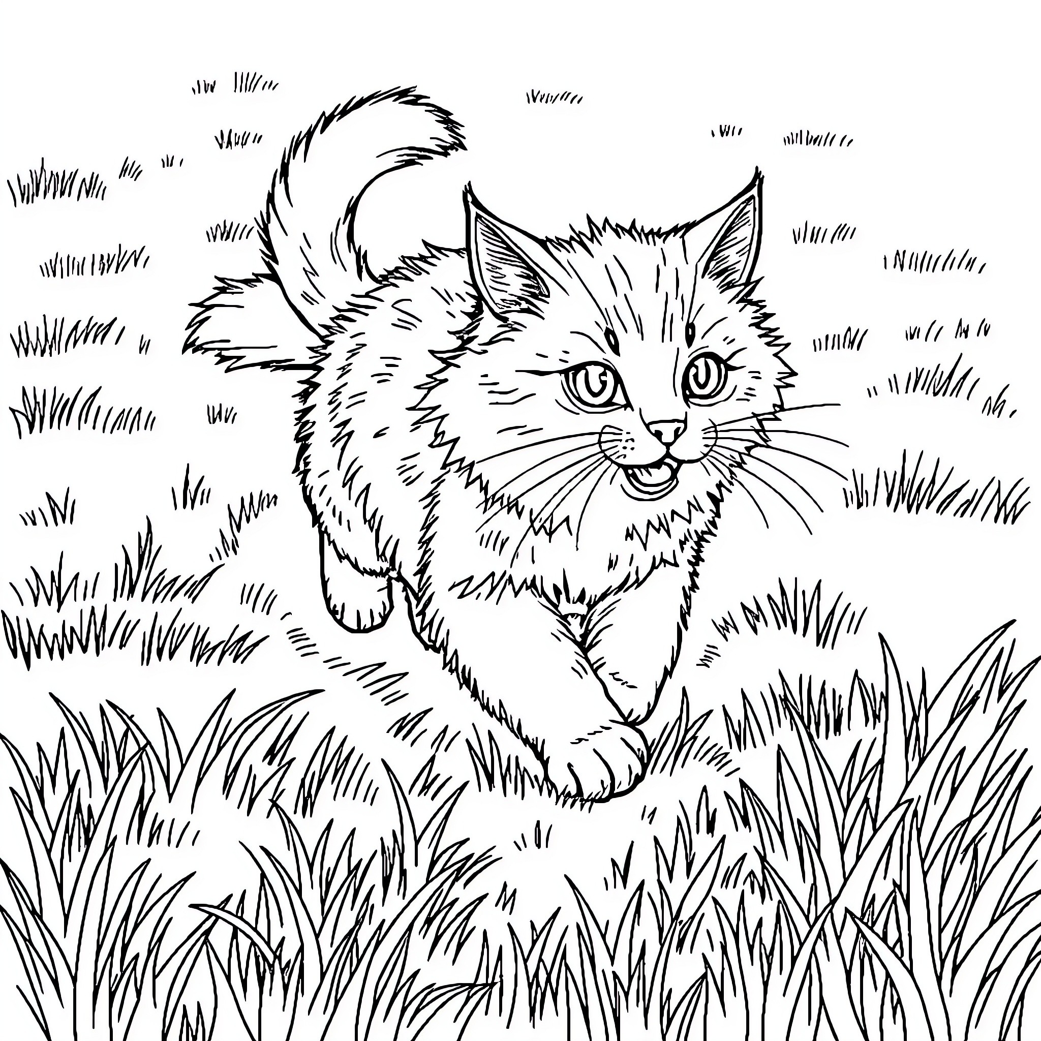 Tabby Cat Exploring Grassy Field Coloring Page (free black-and-white line drawing printable PDF for all, from beginners to advanced learners, including children, teens, adults, and seniors)