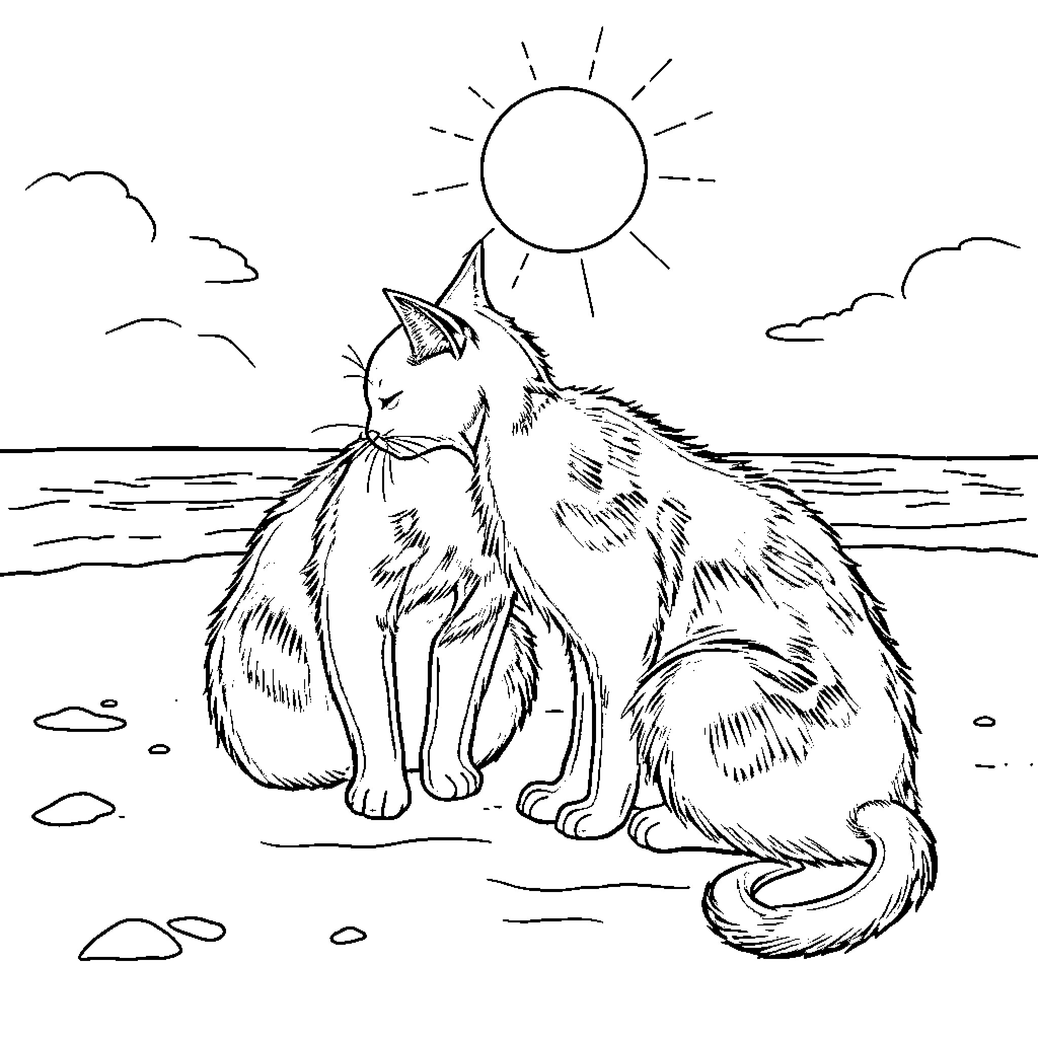Cat resting by the beach under the sun Coloring Page (free black-and-white line drawing printable PDF for all, from beginners to advanced learners, including children, teens, adults, and seniors)