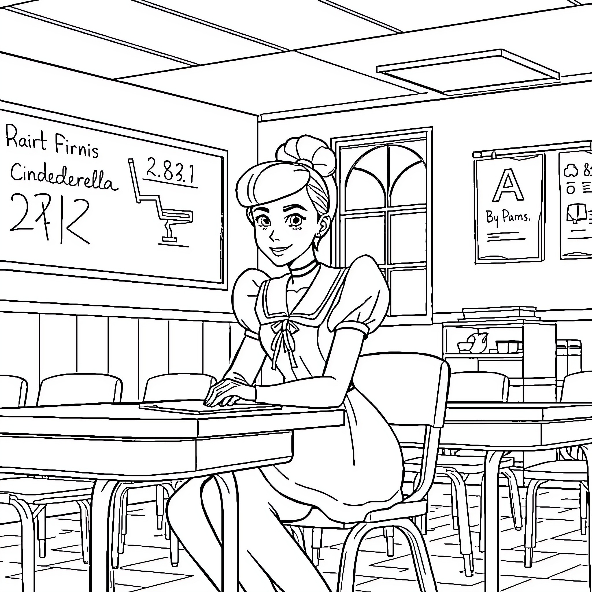 Cinderella in a classroom setting Coloring Page (free black-and-white line drawing printable PDF for all, from beginners to advanced learners, including children, teens, adults, and seniors)