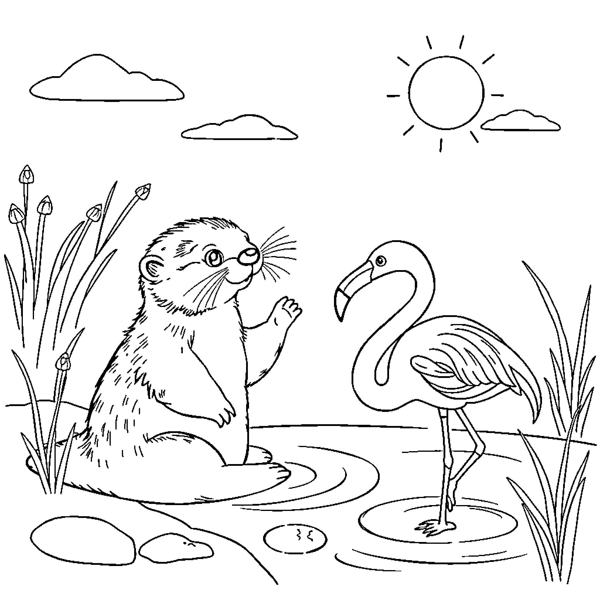 Otter enjoying sunny day with flamingo companion Coloring Page (free black-and-white line drawing printable PDF for all, from beginners to advanced learners, including children, teens, adults, and seniors)