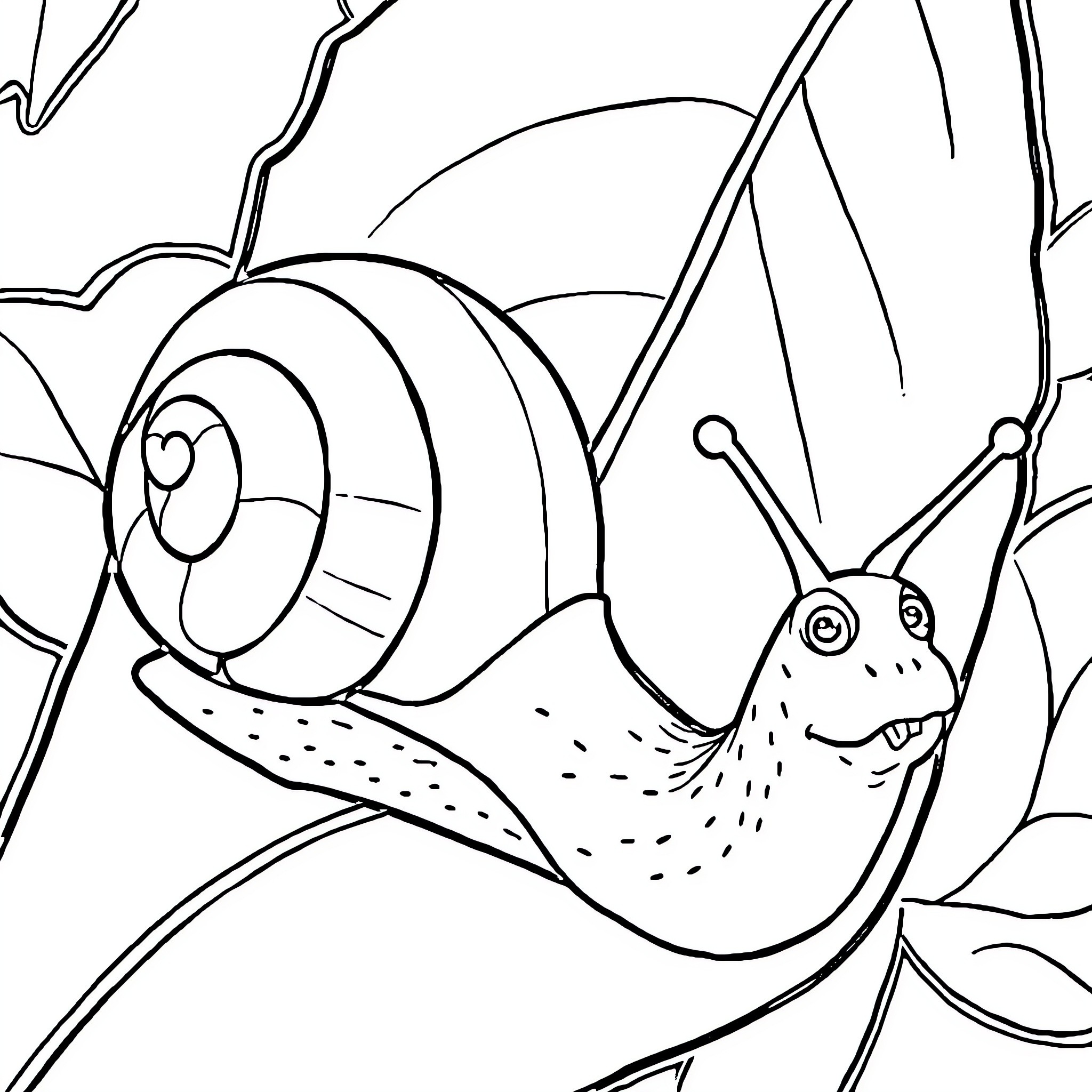 Gary the Curious Snail Explores the Garden Coloring Page (free black-and-white line drawing printable PDF for all, from beginners to advanced learners, including children, teens, adults, and seniors)