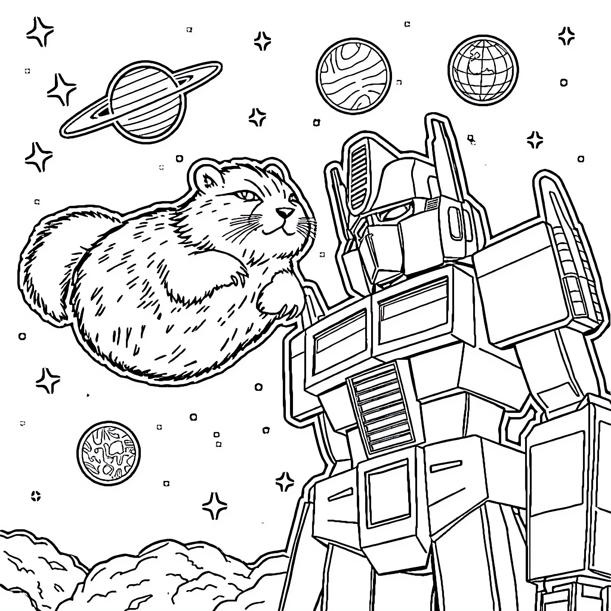 Capybara explores space with robotic companion Coloring Page (free black-and-white line drawing printable PDF for all, from beginners to advanced learners, including children, teens, adults, and seniors)
