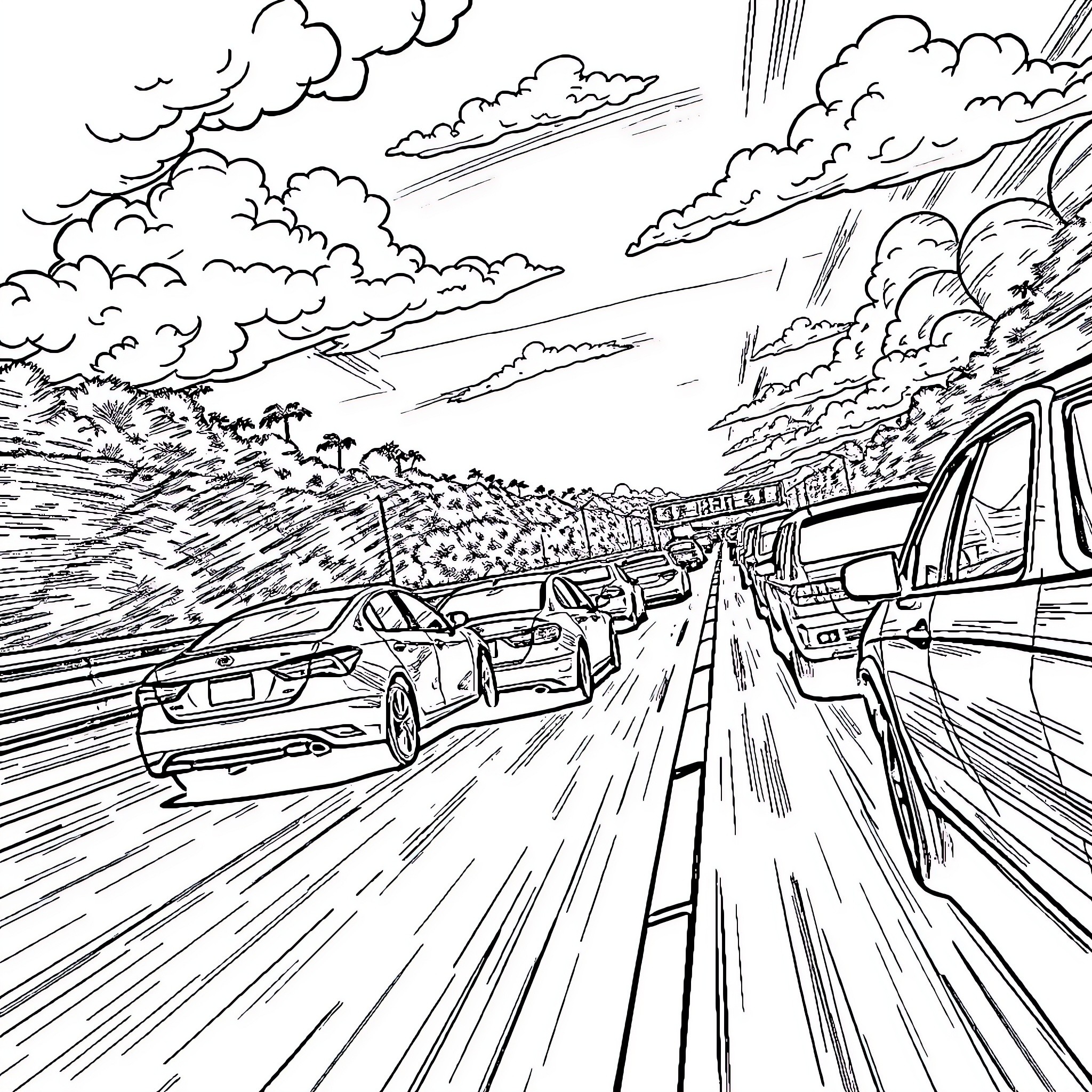 Richard Lee Kolleh driving along a busy highway Coloring Page (free black-and-white line drawing printable PDF for all, from beginners to advanced learners, including children, teens, adults, and seniors)
