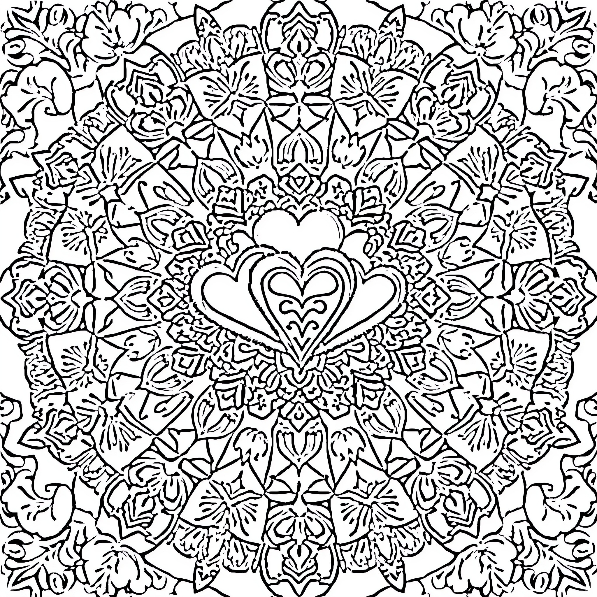 Mandala of Intricate Floral Designs and Heart Symbols Coloring Page (free black-and-white line drawing printable PDF for all, from beginners to advanced learners, including children, teens, adults, and seniors)