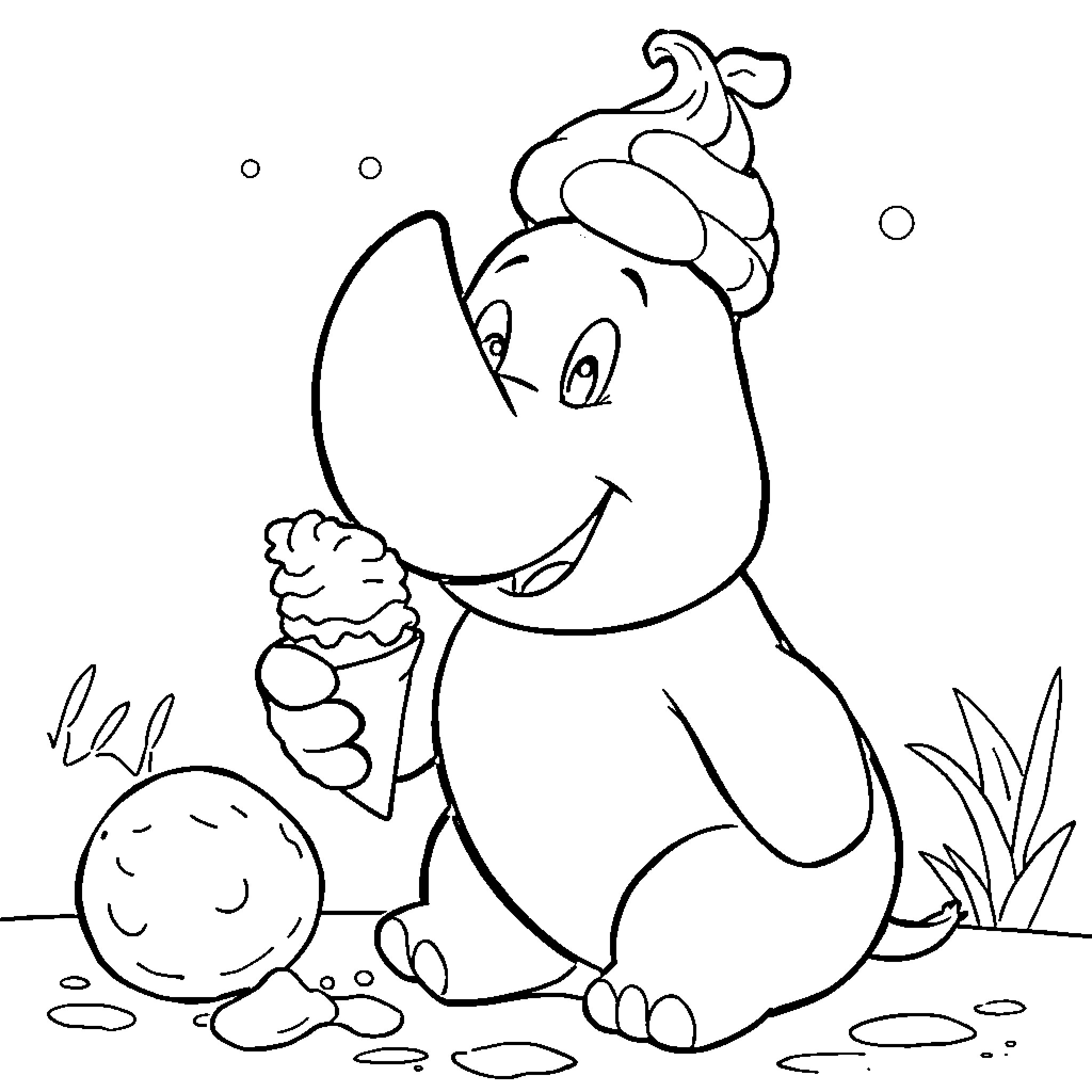 Dumbo the Elephant Enjoying an Ice Cream Treat Coloring Page (free black-and-white line drawing printable PDF for all, from beginners to advanced learners, including children, teens, adults, and seniors)