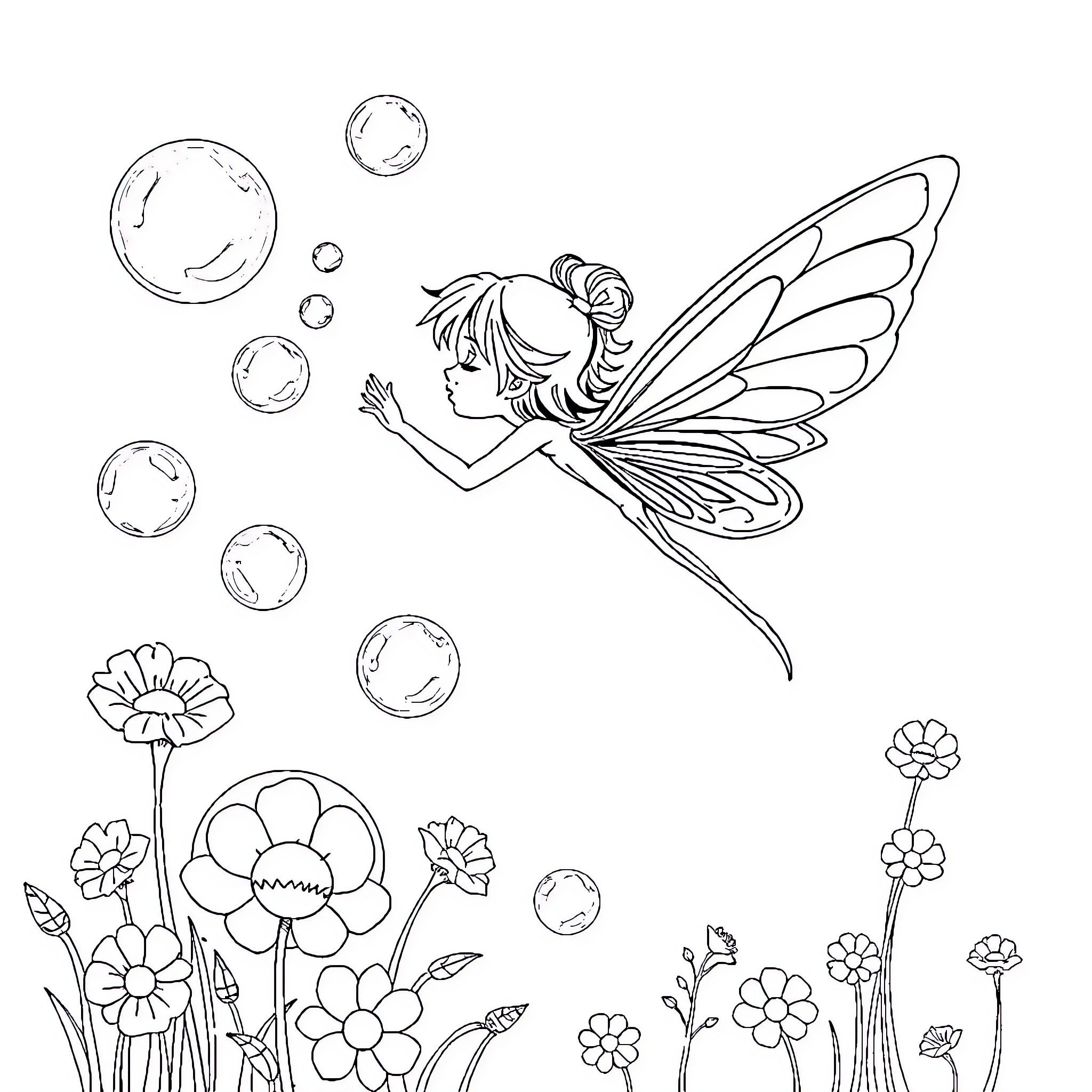 Fairy soaring gracefully among whimsical bubbles Coloring Page (free black-and-white line drawing printable PDF for all, from beginners to advanced learners, including children, teens, adults, and seniors)