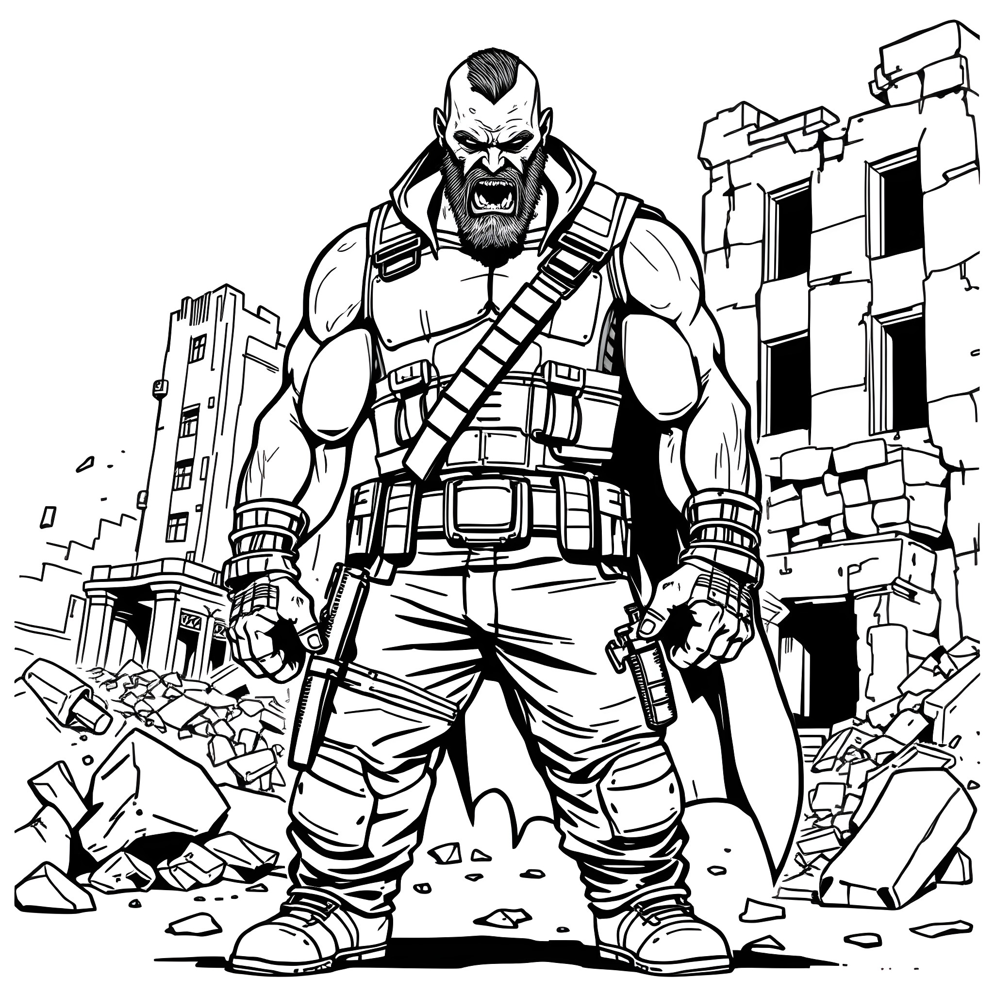 Bane confronting destruction in the city Coloring Page (free black-and-white line drawing printable PDF for all, from beginners to advanced learners, including children, teens, adults, and seniors)