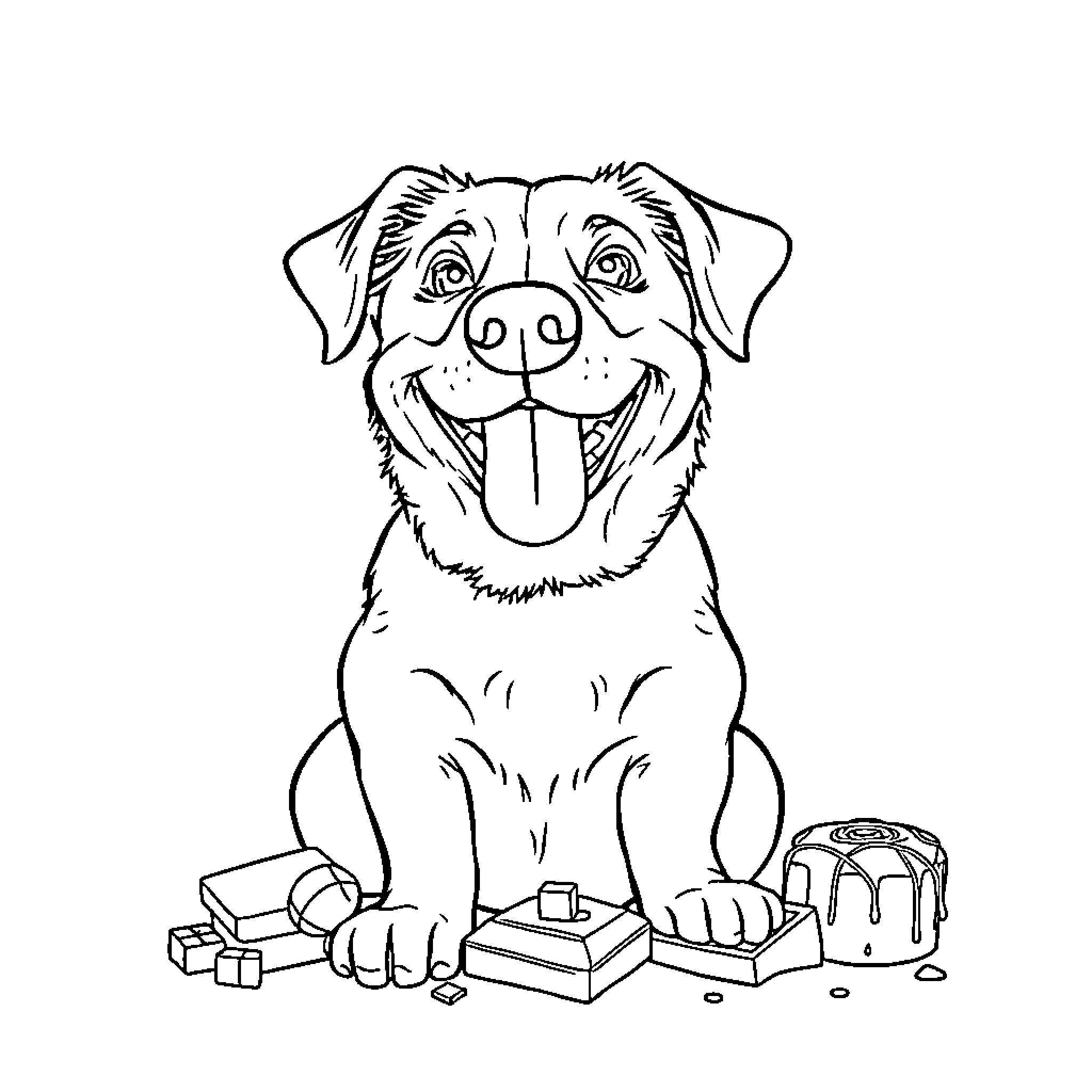 Dog Playing with Toys and Treats Coloring Page (free black-and-white line drawing printable PDF for all, from beginners to advanced learners, including children, teens, adults, and seniors)