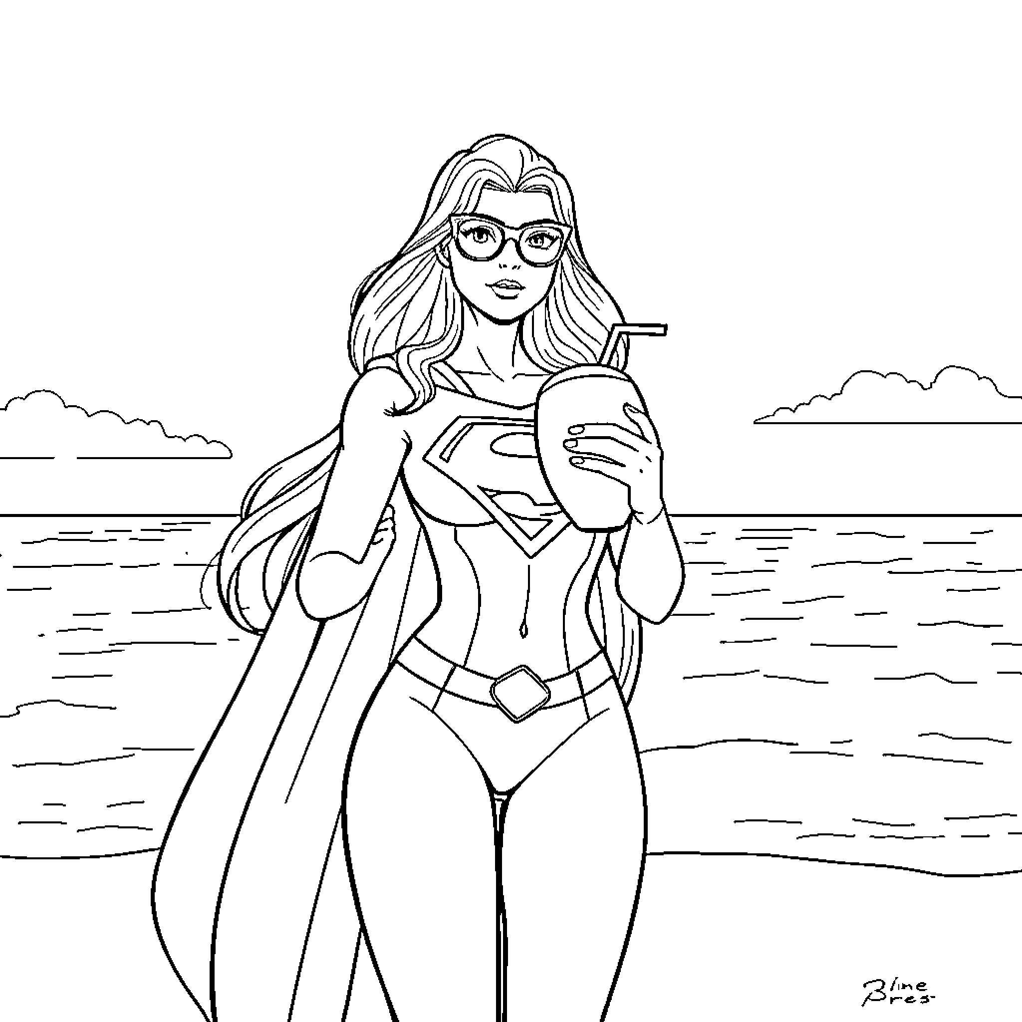 Supergirl taking a selfie on the beach Coloring Page (free black-and-white line drawing printable PDF for all, from beginners to advanced learners, including children, teens, adults, and seniors)