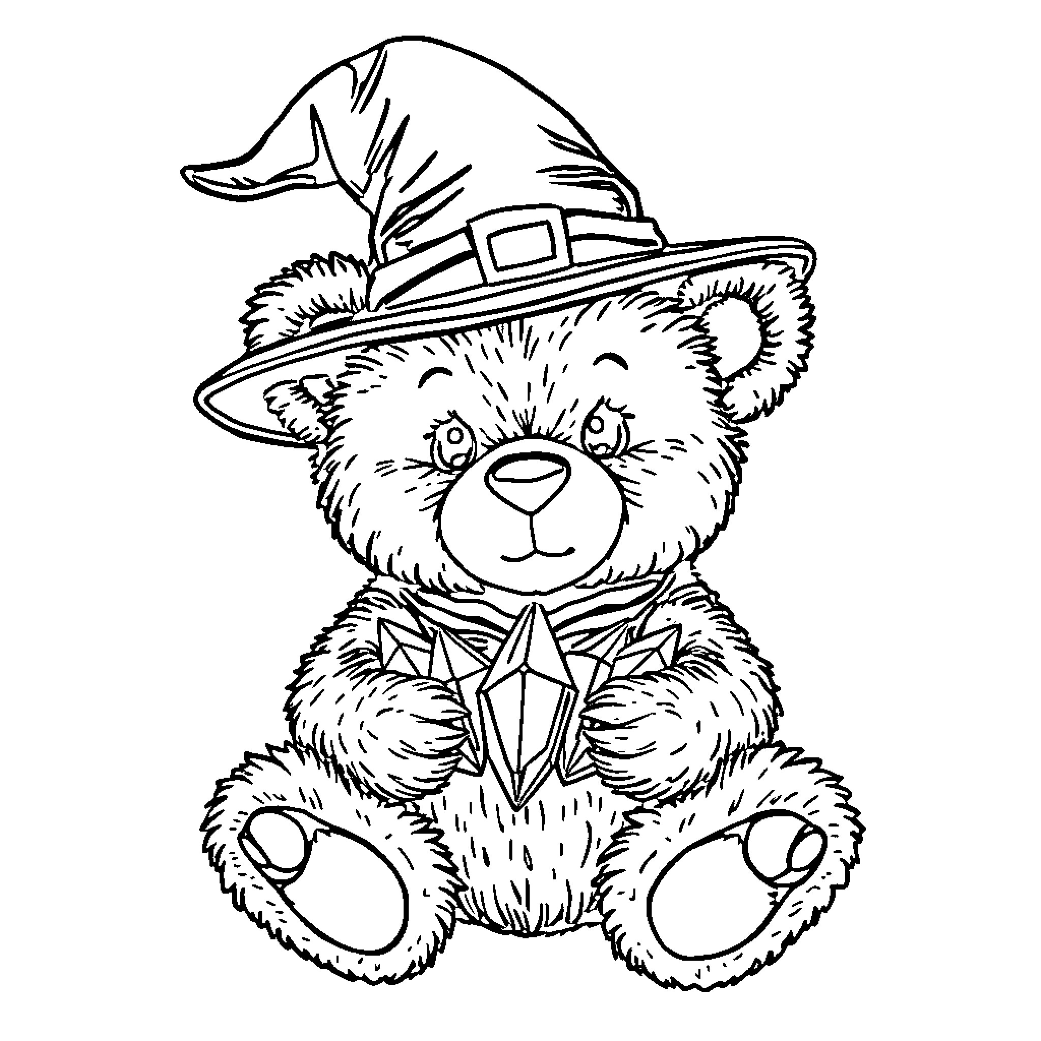 Teddy Bear wearing a witch hat Coloring Page (free black-and-white line drawing printable PDF for all, from beginners to advanced learners, including children, teens, adults, and seniors)