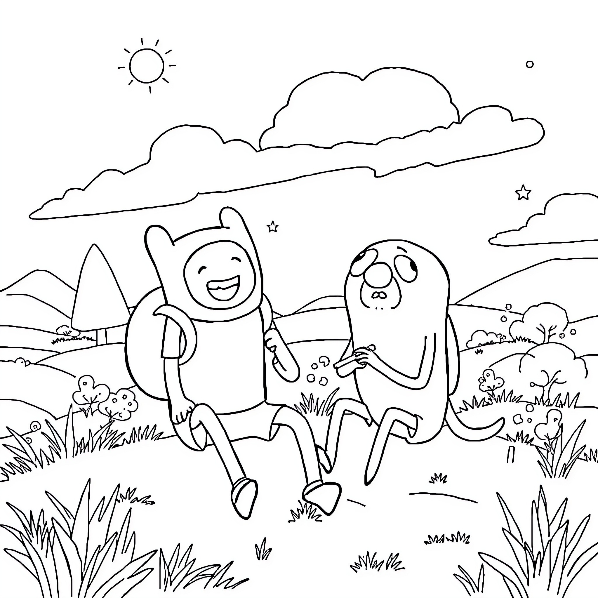 Adventure Time with Playful Characters in the Outdoors Coloring Page (free black-and-white line drawing printable PDF for all, from beginners to advanced learners, including children, teens, adults, and seniors)