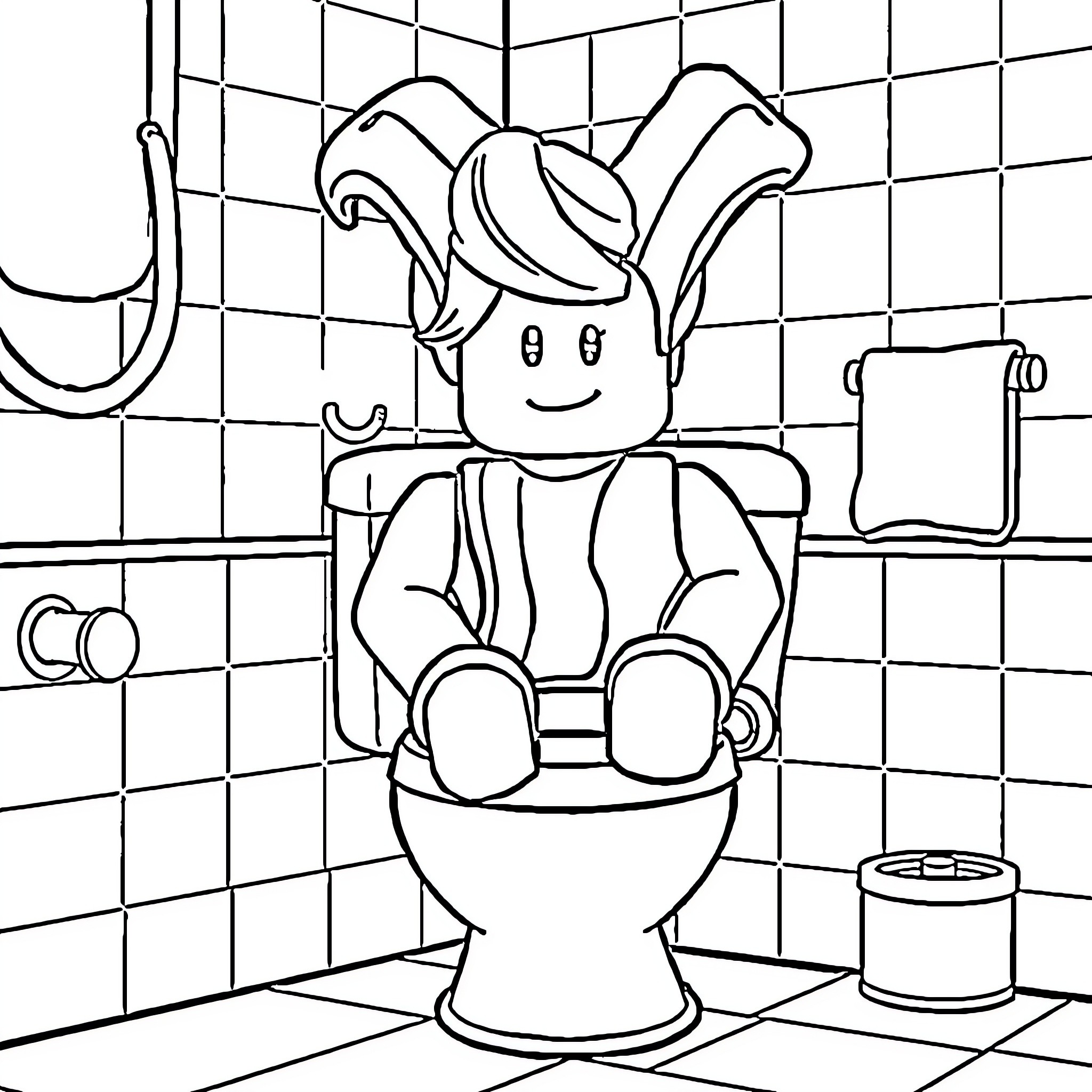 Roblox character sitting on toilet in bathroom Coloring Page (free black-and-white line drawing printable PDF for all, from beginners to advanced learners, including children, teens, adults, and seniors)