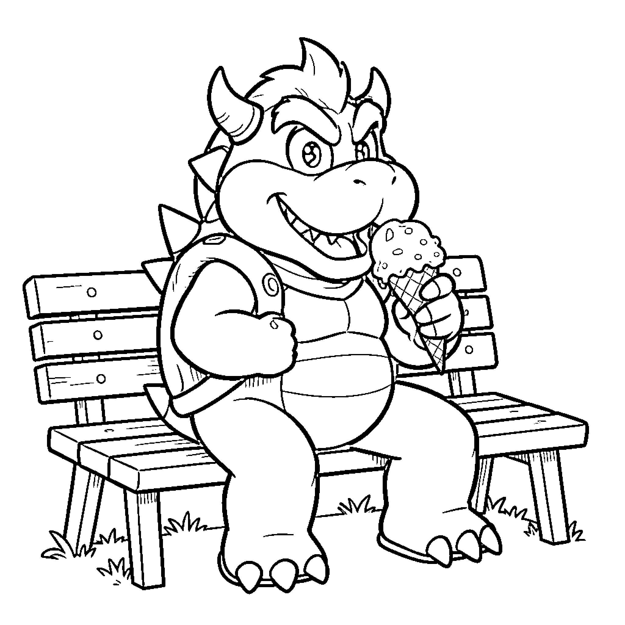 Bowser Jr sitting on a bench eating ice cream Coloring Page (free black-and-white line drawing printable PDF for all, from beginners to advanced learners, including children, teens, adults, and seniors)