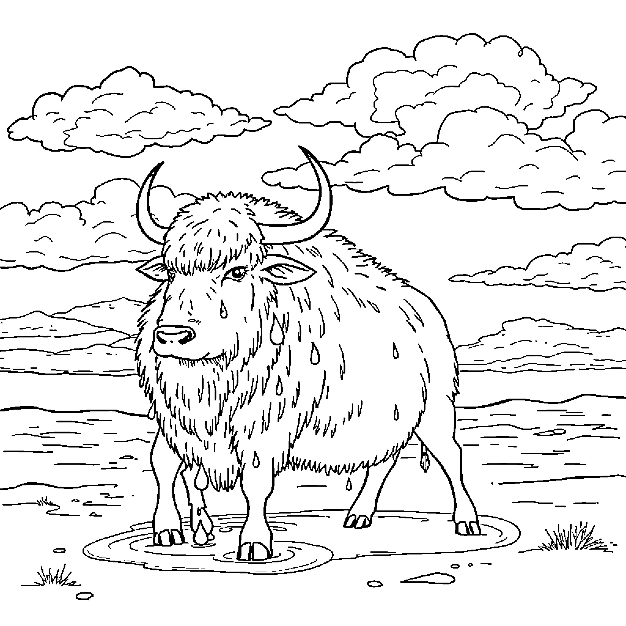 Cerf in the Cloudy Meadow Coloring Page (free black-and-white line drawing printable PDF for all, from beginners to advanced learners, including children, teens, adults, and seniors)