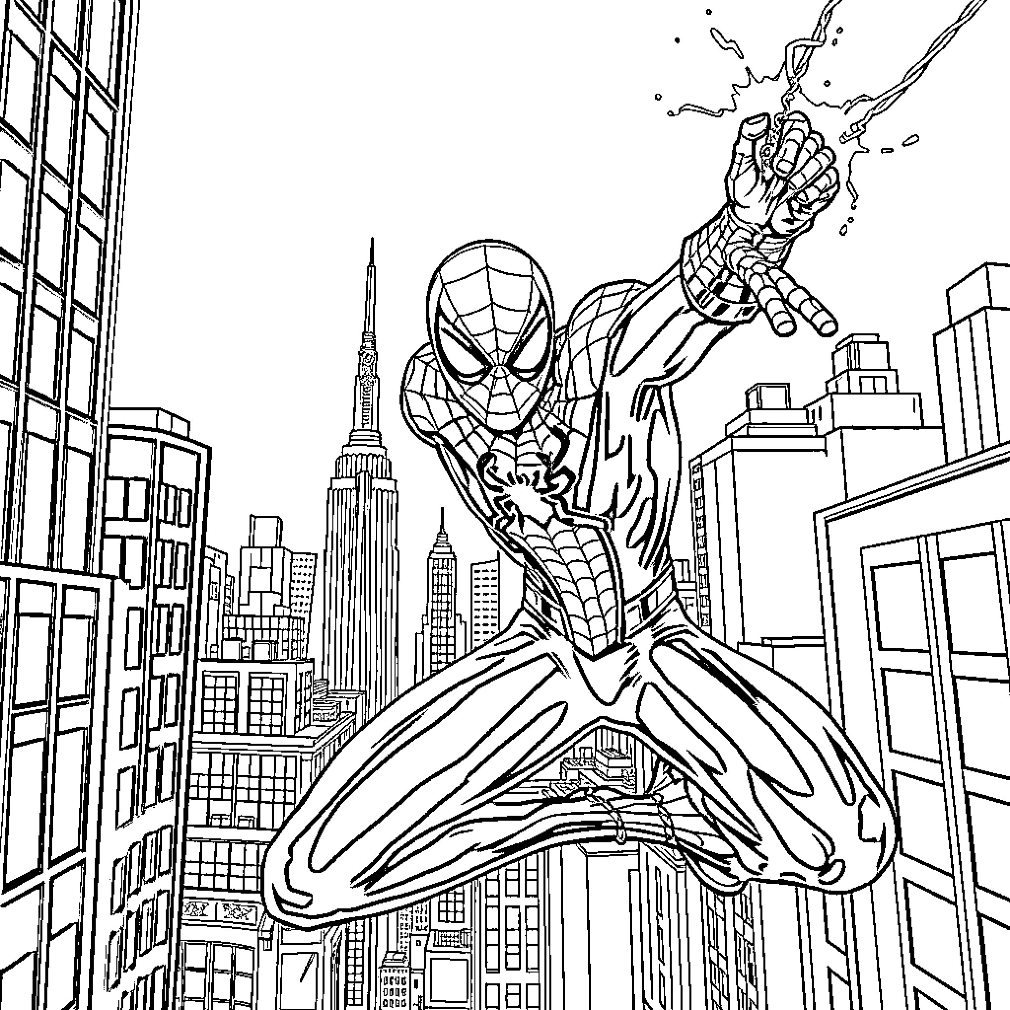 Spider-Man swinging through the city skyline Coloring Page (free black-and-white line drawing printable PDF for all, from beginners to advanced learners, including children, teens, adults, and seniors)
