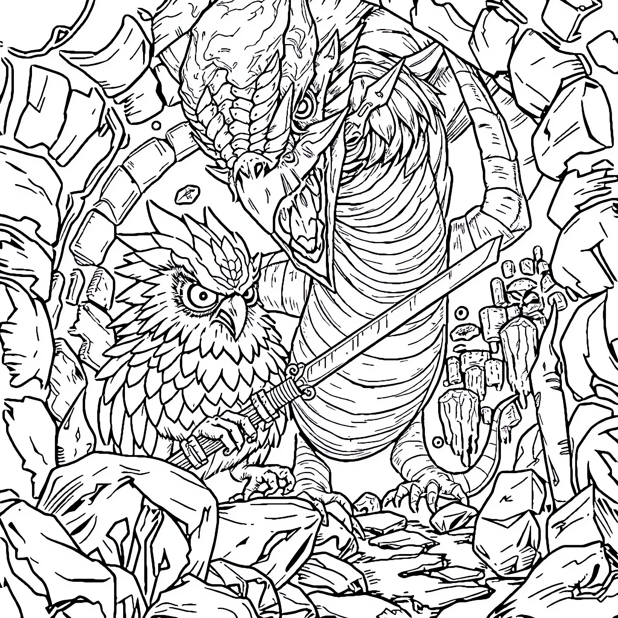 Bearowl's Mystical Adventure in the Enchanted Forest Coloring Page (free black-and-white line drawing printable PDF for all, from beginners to advanced learners, including children, teens, adults, and seniors)