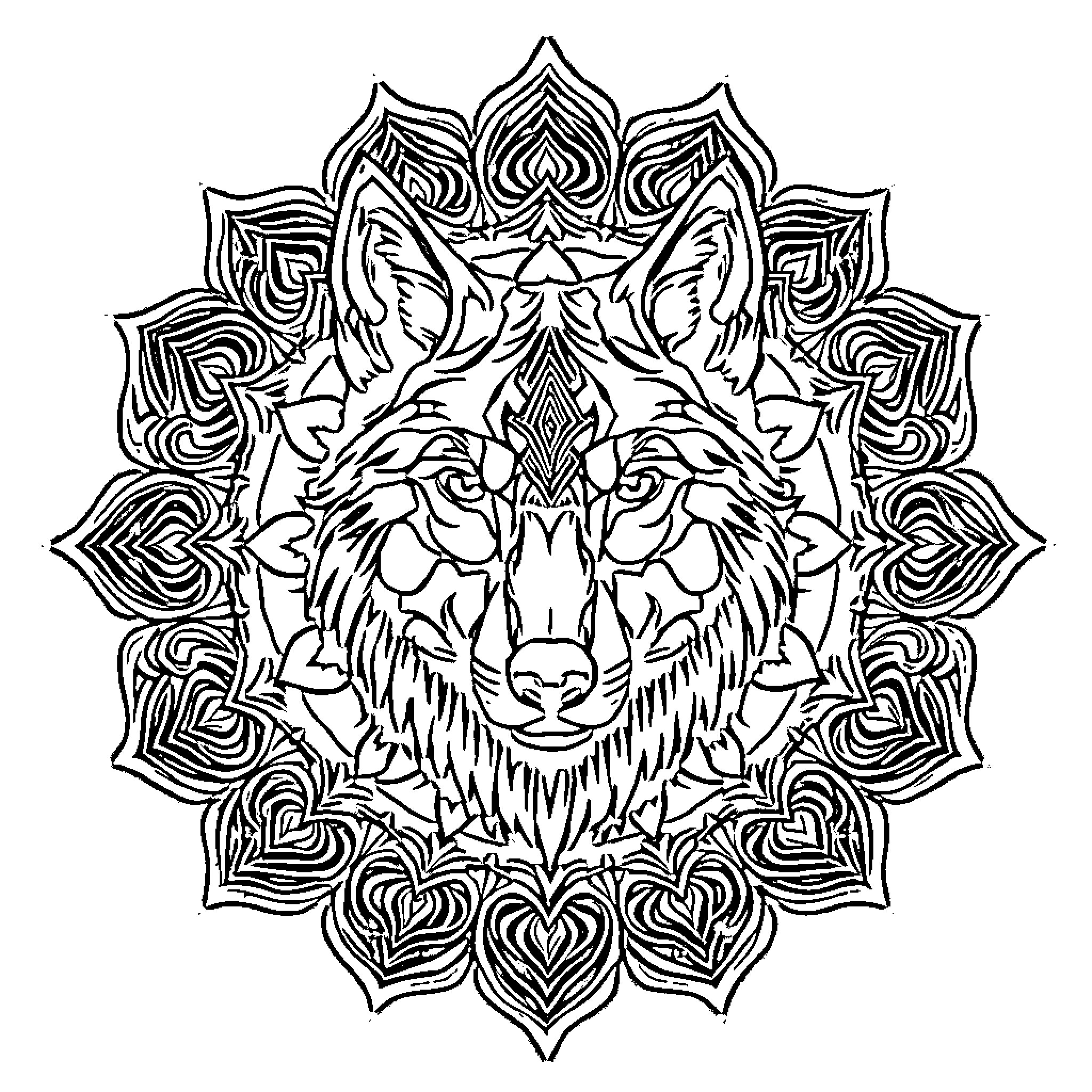 Wolf with intricate mandala pattern Coloring Page (free black-and-white line drawing printable PDF for all, from beginners to advanced learners, including children, teens, adults, and seniors)