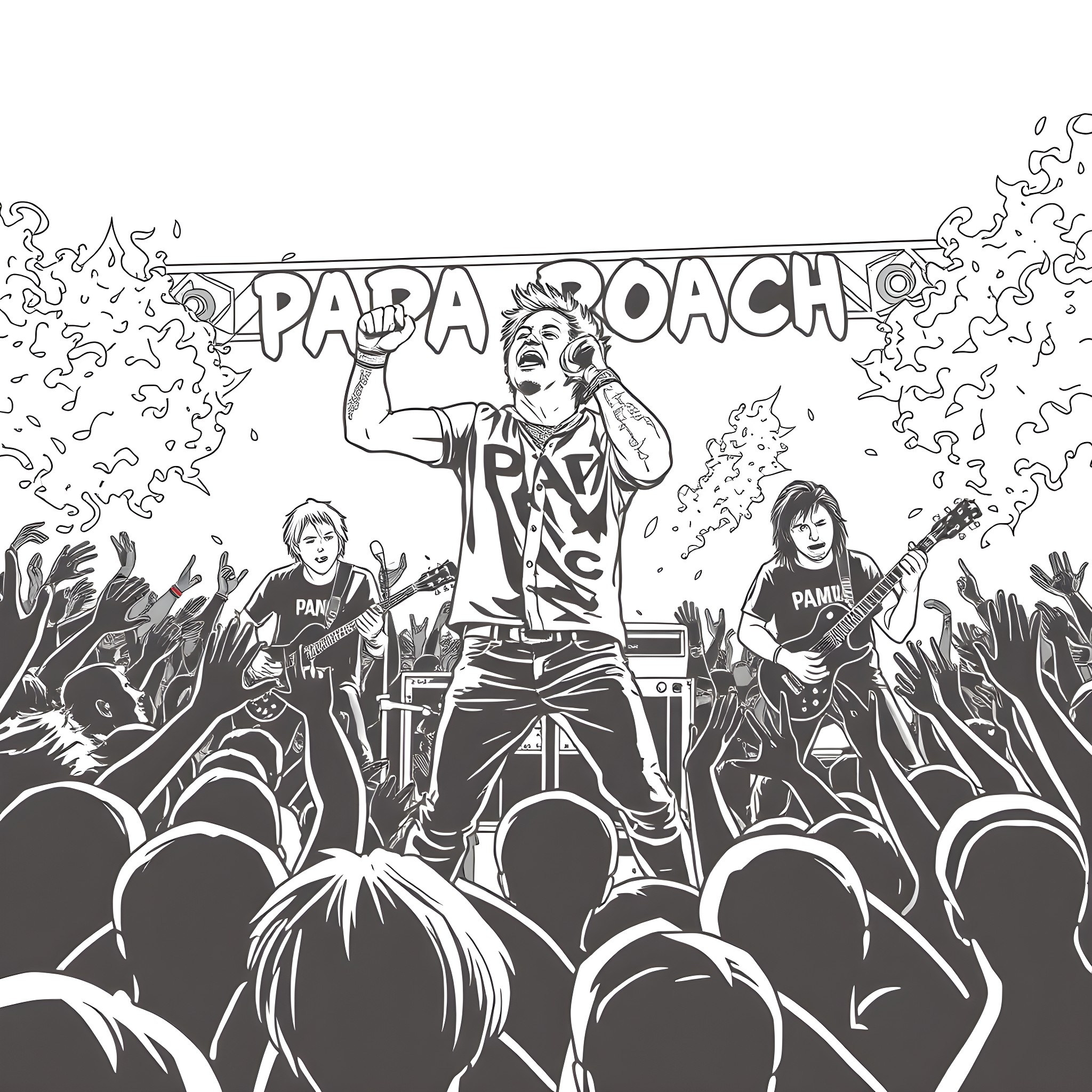 Papa Roach Performing Energetically on Stage Coloring Page (free black-and-white line drawing printable PDF for all, from beginners to advanced learners, including children, teens, adults, and seniors)