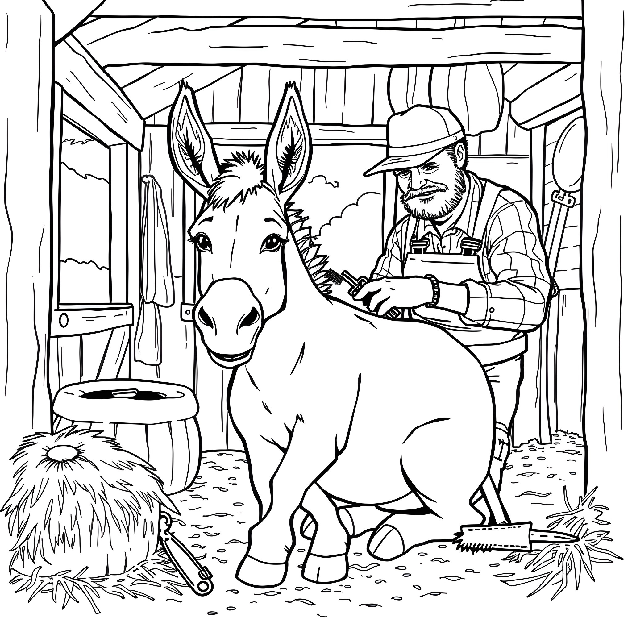 Donkey and farmer in a rustic barn Coloring Page (free black-and-white line drawing printable PDF for all, from beginners to advanced learners, including children, teens, adults, and seniors)