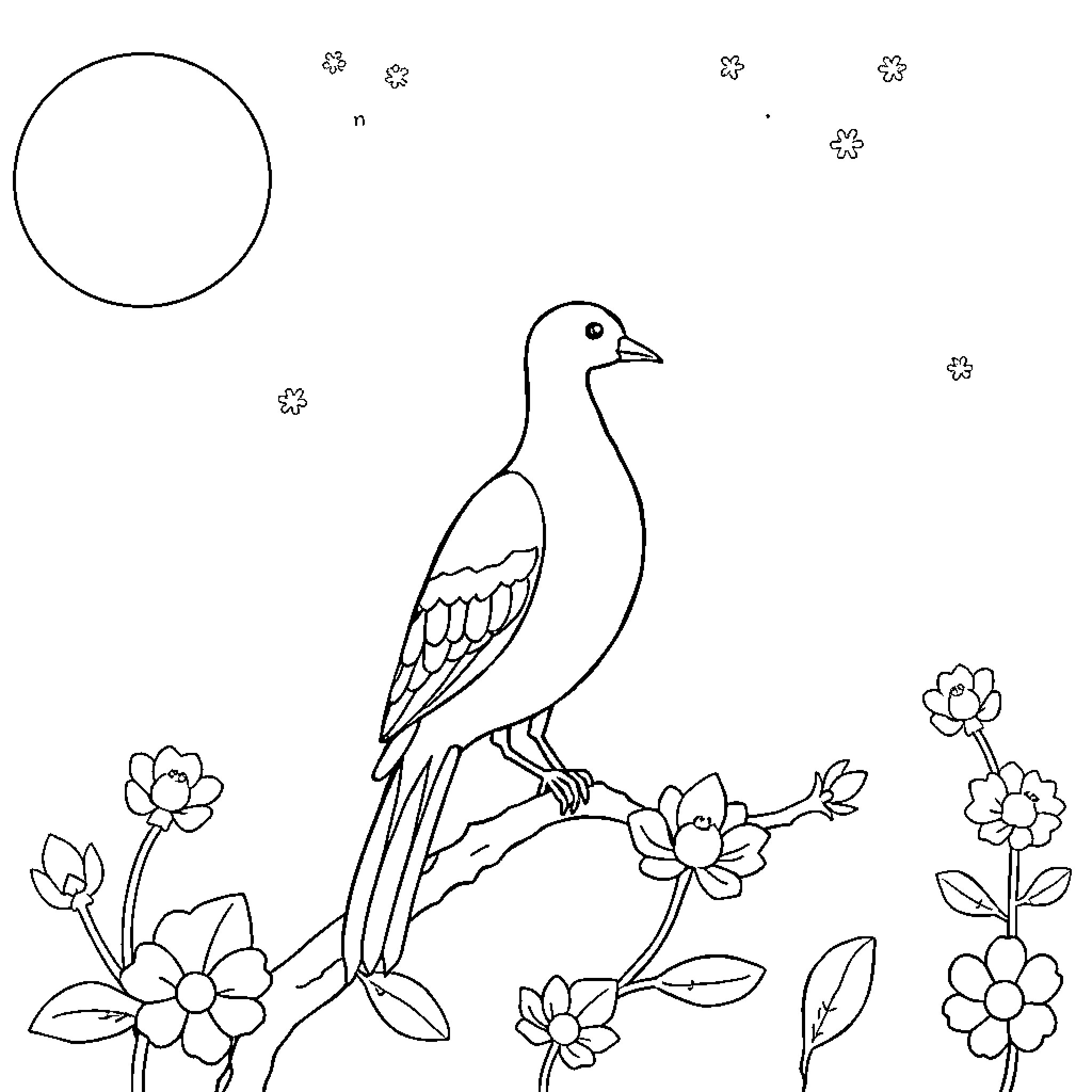 Leaf-shaped bird among floral illustrations Coloring Page (free black-and-white line drawing printable PDF for all, from beginners to advanced learners, including children, teens, adults, and seniors)