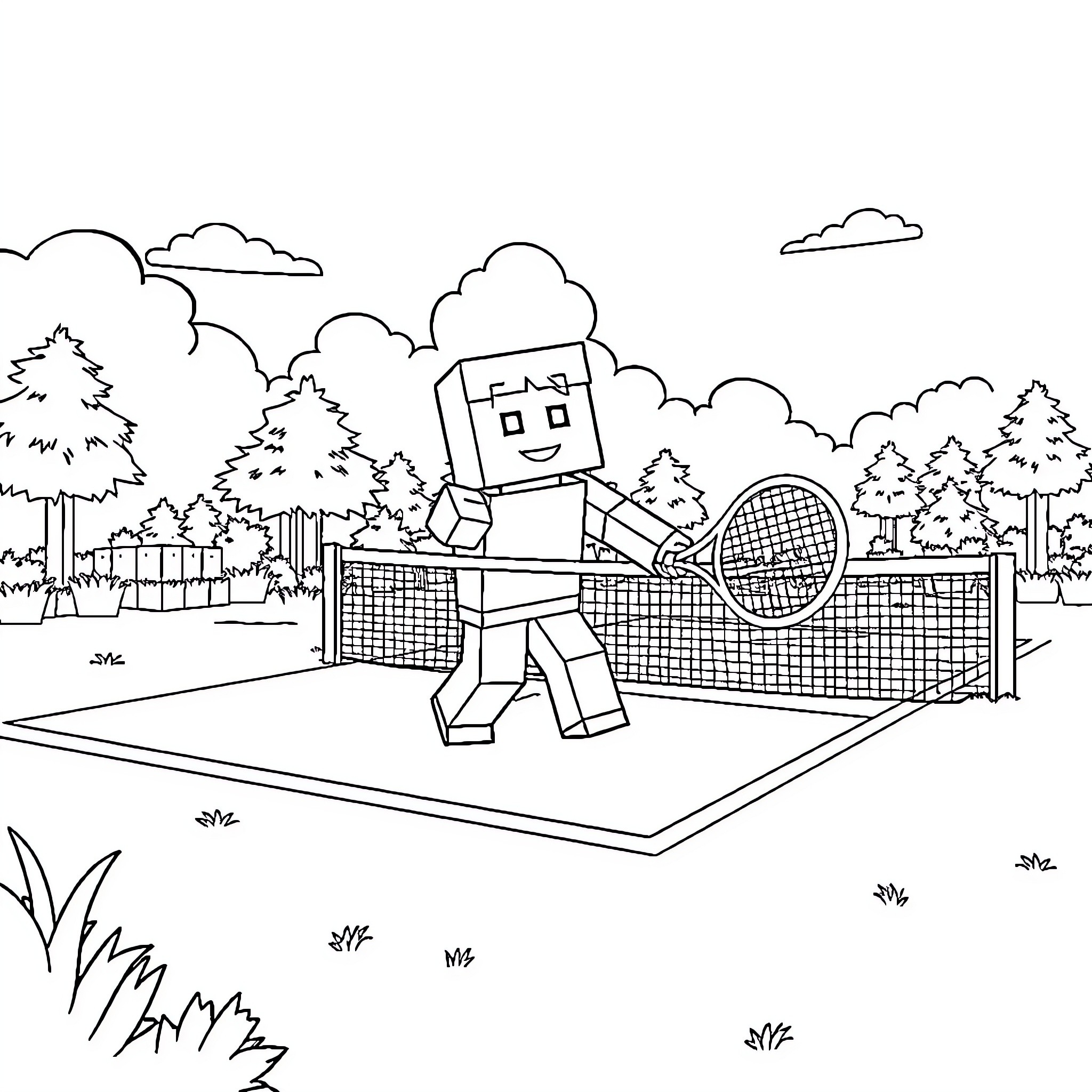 Minecraft Villager playing tennis in the park Coloring Page (free black-and-white line drawing printable PDF for all, from beginners to advanced learners, including children, teens, adults, and seniors)