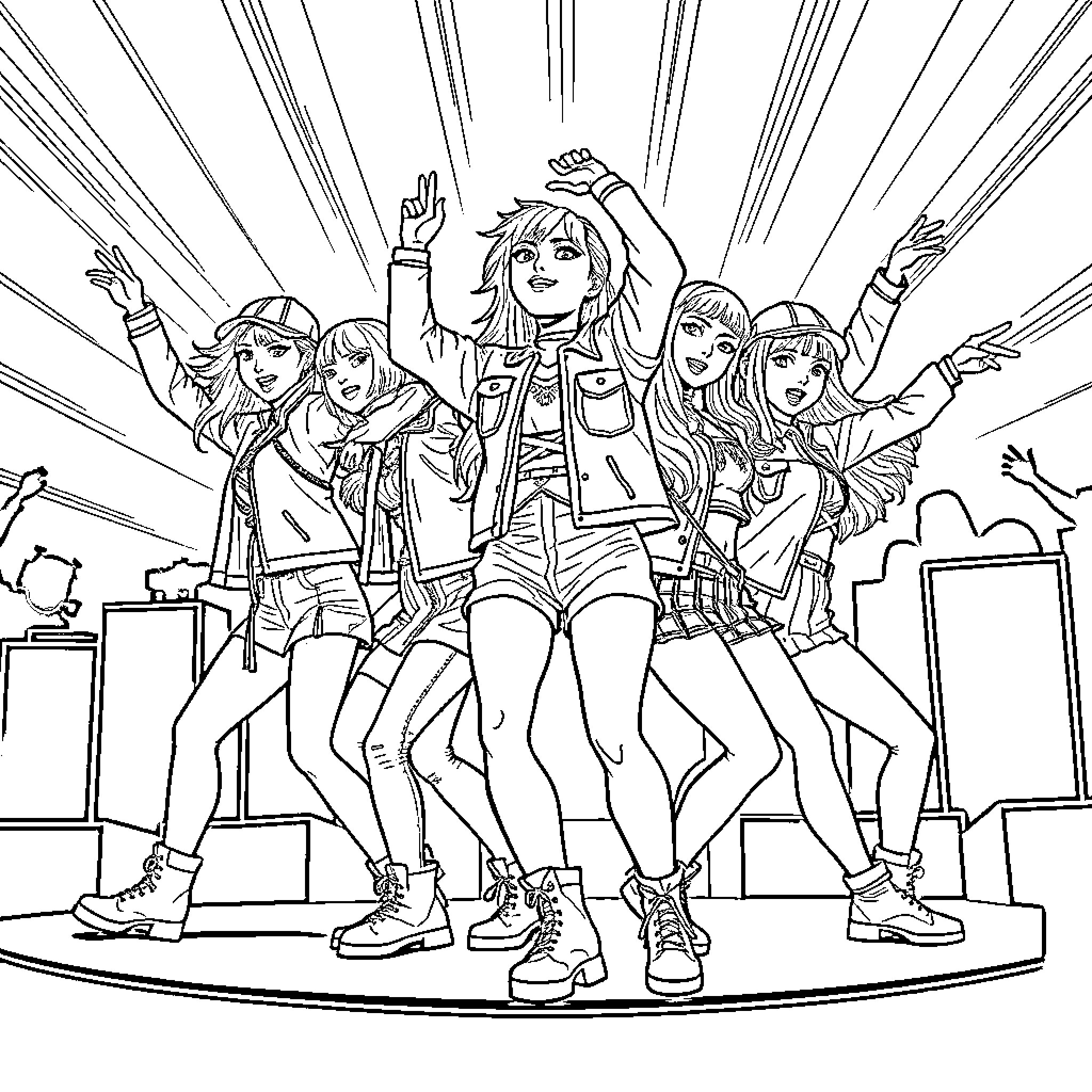 K Pop Warrior Performers Excitedly Celebrating on Stage Coloring Page (free black-and-white line drawing printable PDF for all, from beginners to advanced learners, including children, teens, adults, and seniors)