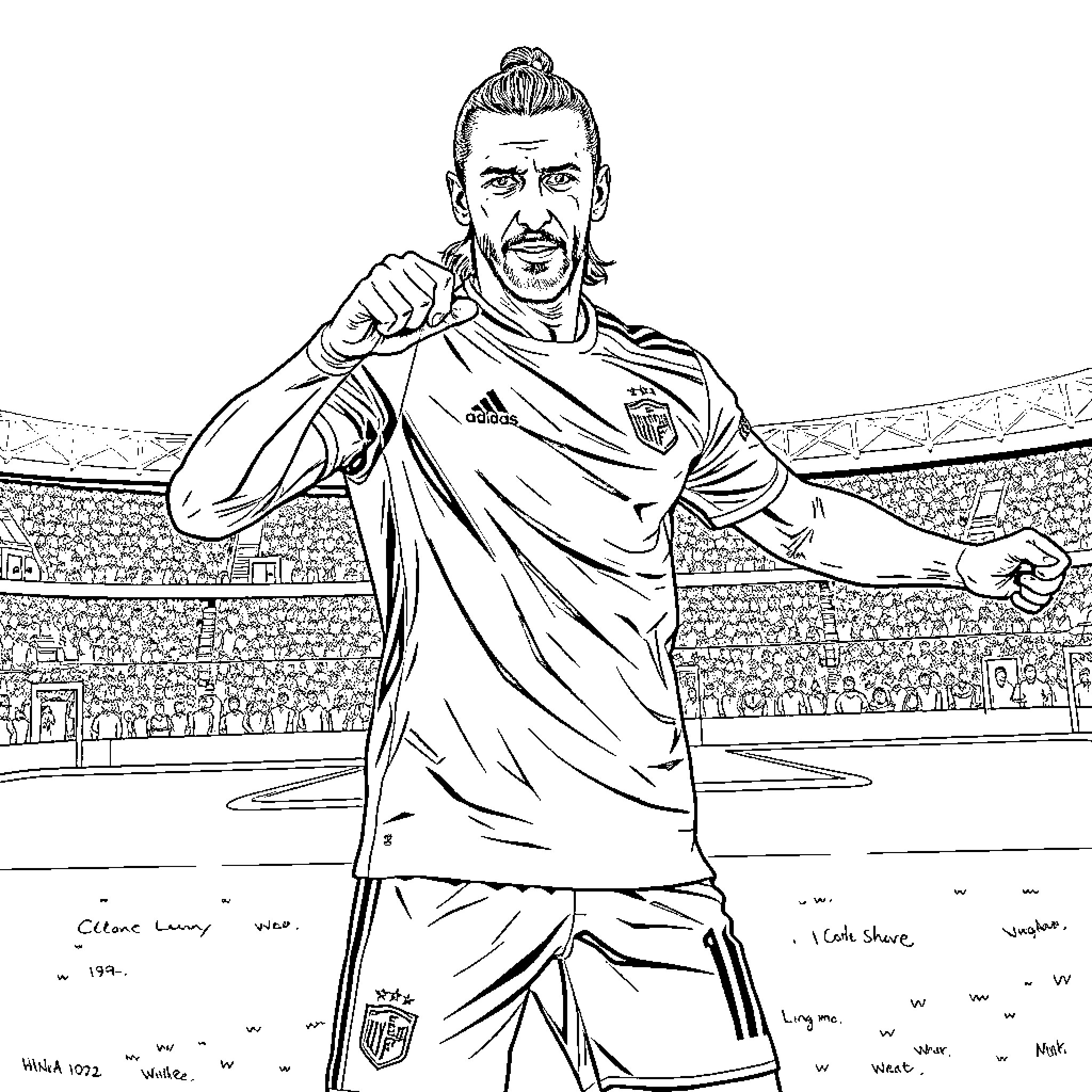 Zlatan Ibrahimovic's triumphant pose on the soccer field Coloring Page (free black-and-white line drawing printable PDF for all, from beginners to advanced learners, including children, teens, adults, and seniors)