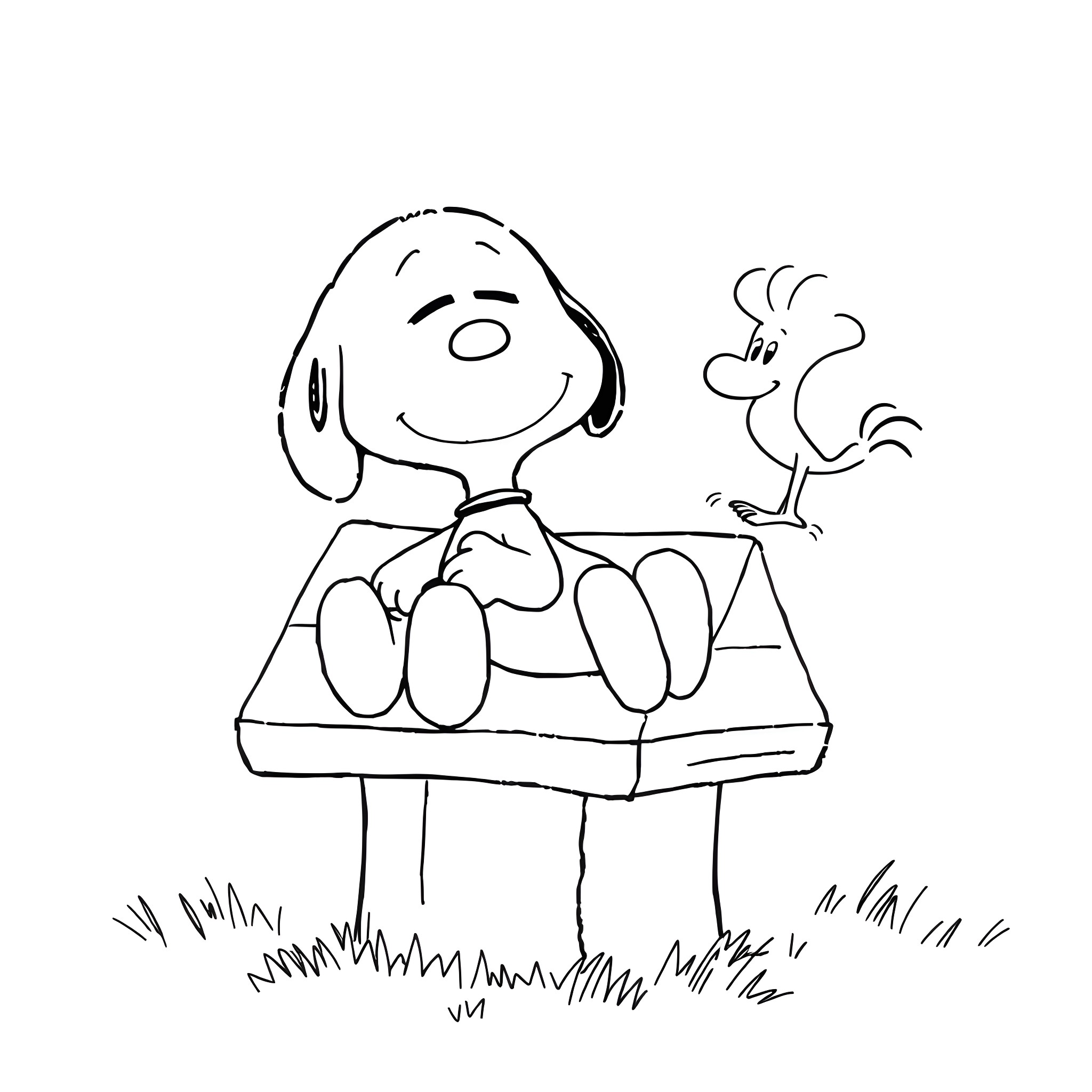 Snoopy and Woodstock enjoying the outdoors Coloring Page (free black-and-white line drawing printable PDF for all, from beginners to advanced learners, including children, teens, adults, and seniors)