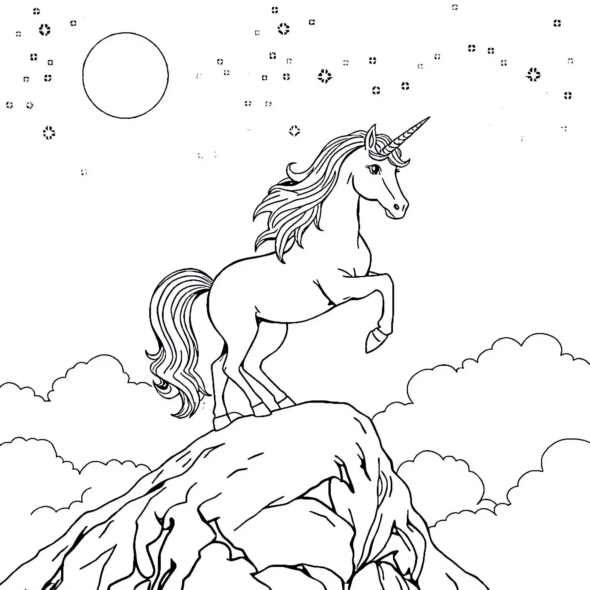 Unicorn standing majestically on a mountain peak Coloring Page (free black-and-white line drawing printable PDF for all, from beginners to advanced learners, including children, teens, adults, and seniors)