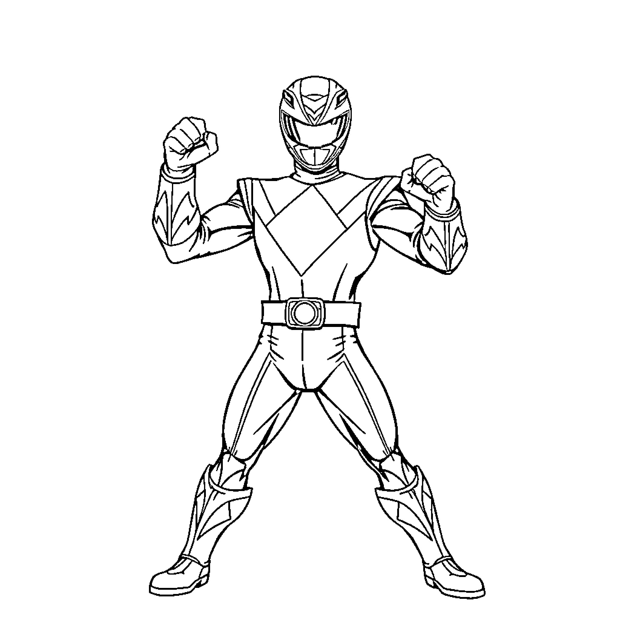 Power Ranger posing with fists raised Coloring Page (free black-and-white line drawing printable PDF for all, from beginners to advanced learners, including children, teens, adults, and seniors)