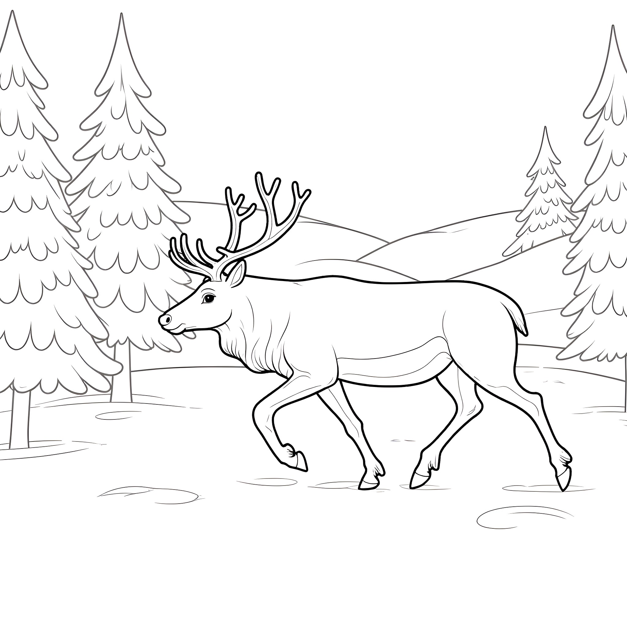 Reindeer walking in winter forest landscape Coloring Page (free black-and-white line drawing printable PDF for all, from beginners to advanced learners, including children, teens, adults, and seniors)